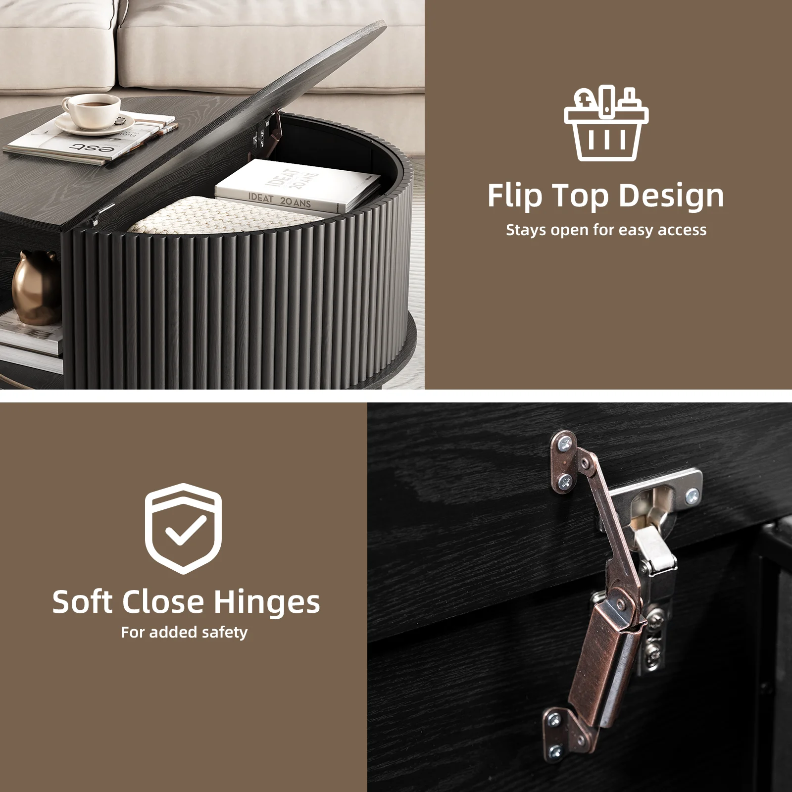 JOINICE Round Coffee Table with Storage and Sliding Door,Mid Century Modern Wooden Center Table,for Living Room,Walnut