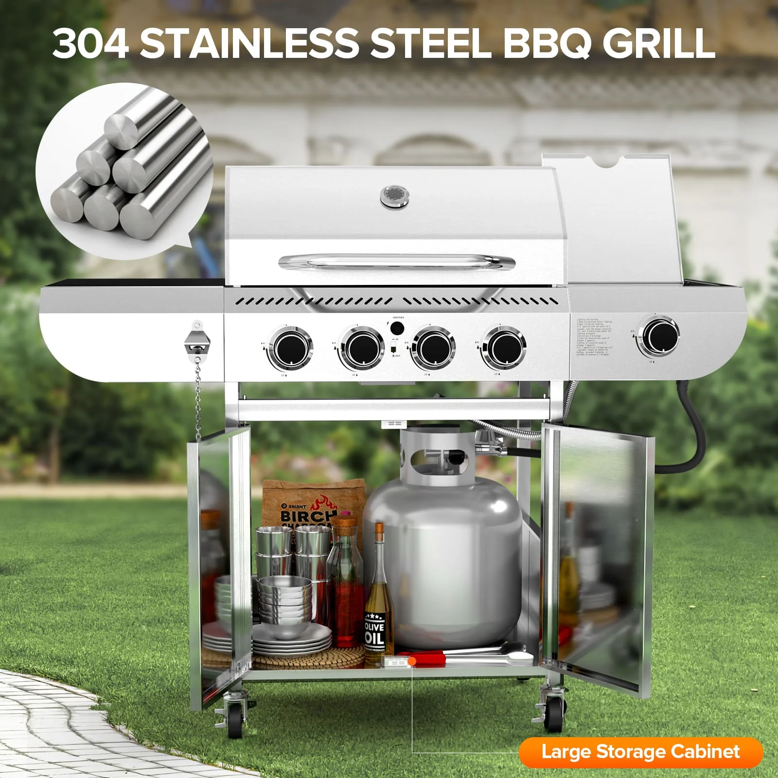 LHRIVER Stainless Steel 4 Burner Propane Gas Grill with Side Burner, Portable Outdoor Barbecue Grill, 45,000 BTU