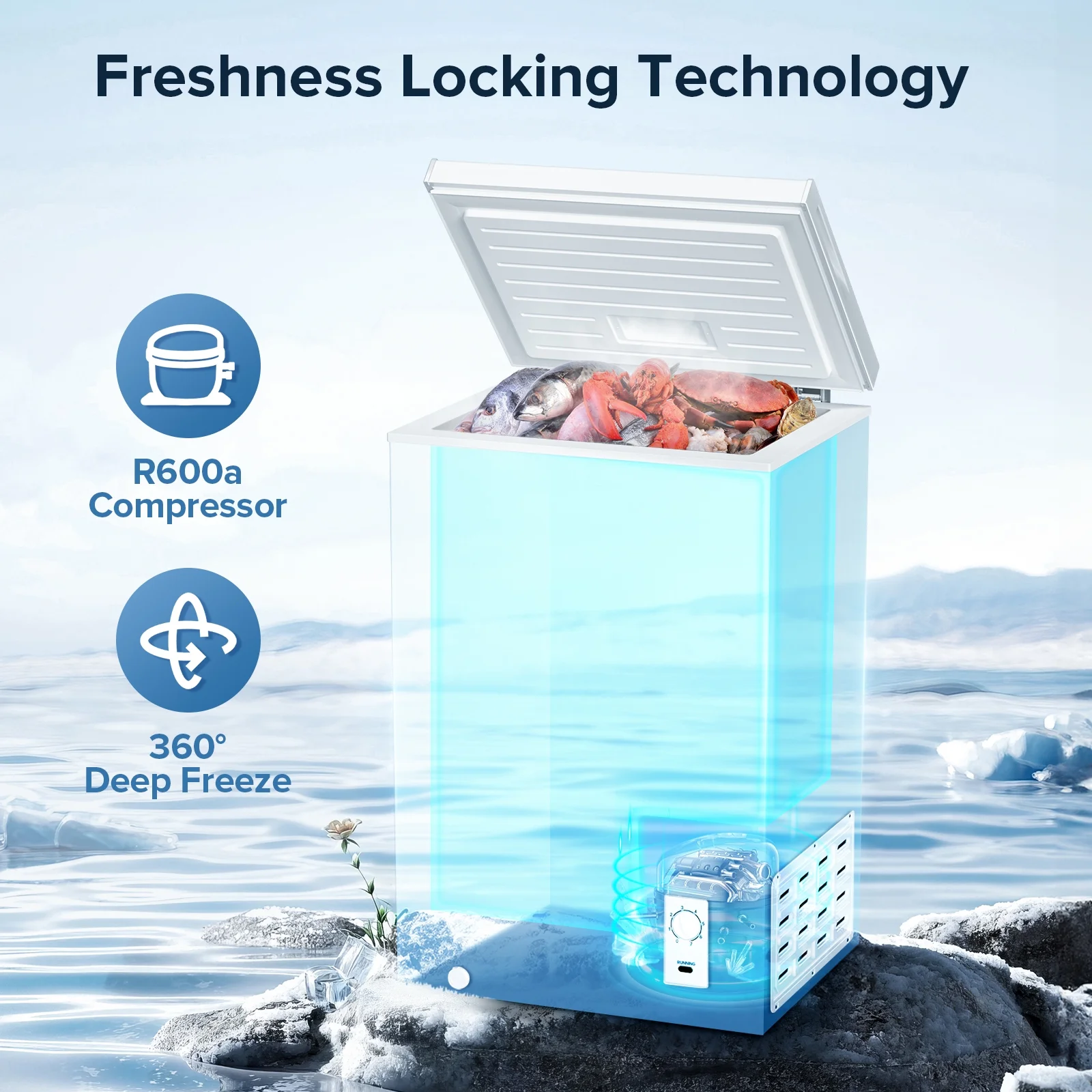 LHRIVER Mini Freezer Chest 3.5 cu ft, Deep Freezer & Side Handle, Compact Freezer with 7 Gear Adjustable Temperature, Removable Storage Basket, Black