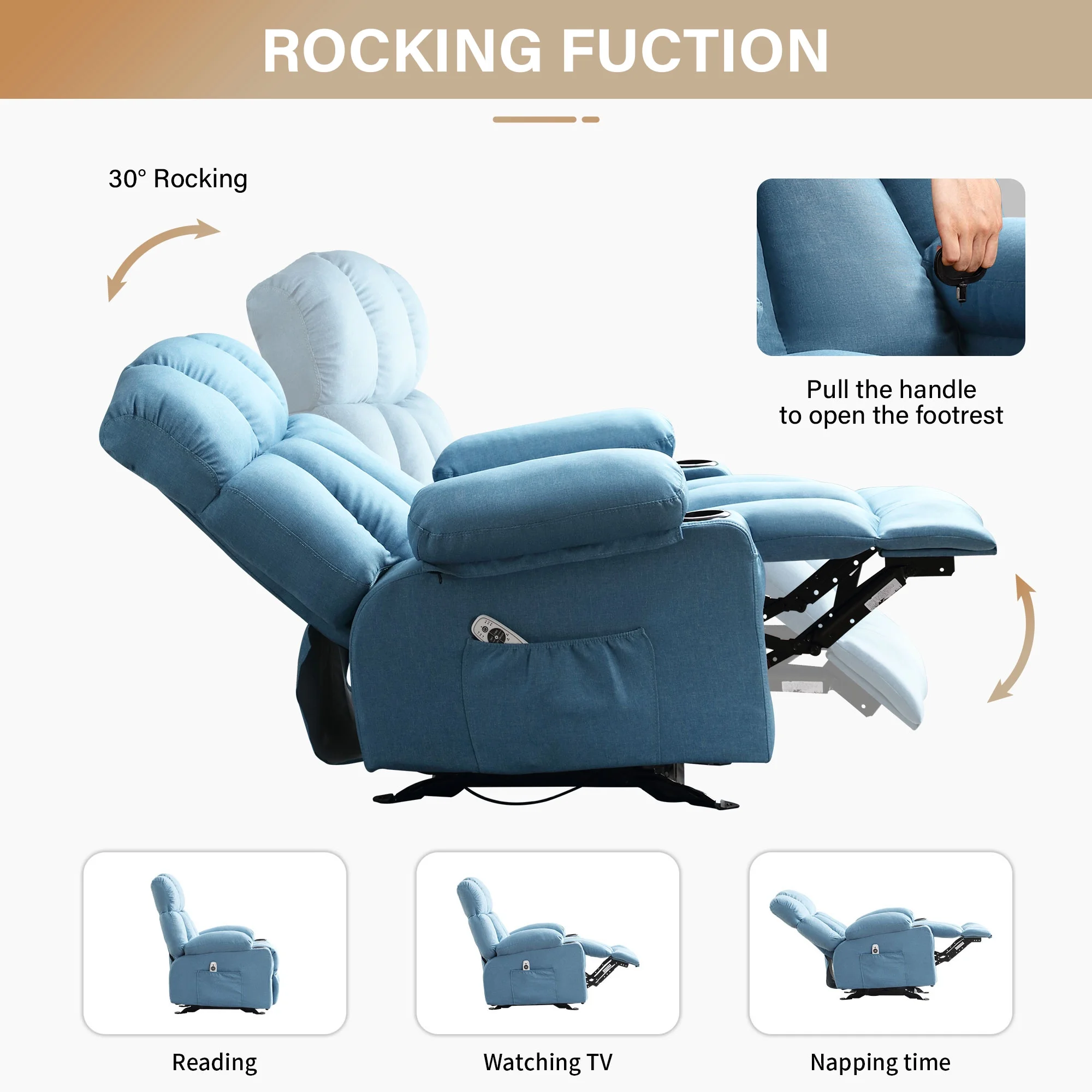 JONPONY Manual Recliner Chair with Heat Therapy and Massage Function, Heavy Duty Reclining Mechanism Massage Chair, Elderly Single Rocker Sofa with Cup Holders for Bedroom Home Theater,Grey