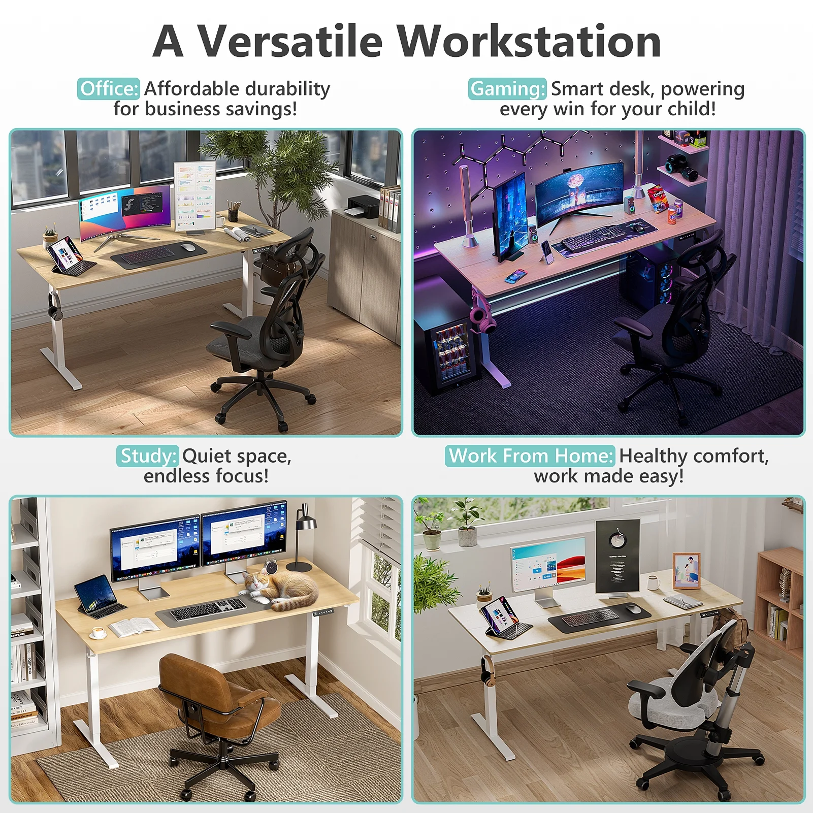VVENACE Electric Standing Desk Height Adjustable Desk 48 inch 4 Memory Height Ergonomic Sit Stand up Desk for Home Office, White, 2 Split Boards