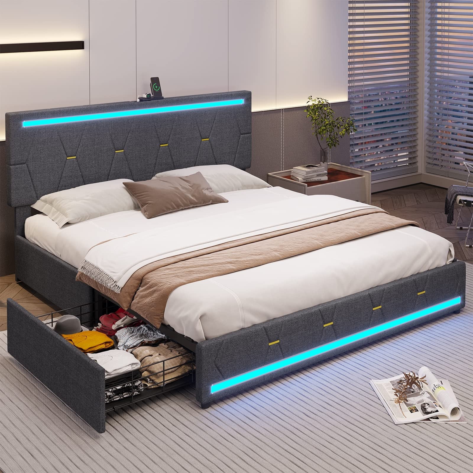 Tiptiper Queen Size Bed Frame with 2 USB Charging Station, Upholstered LED Bed Frame with 4 Drawers, Platform Storage Bed with LED Lights Headboard & Footboard, No Box Spring Needed, Dark Gray