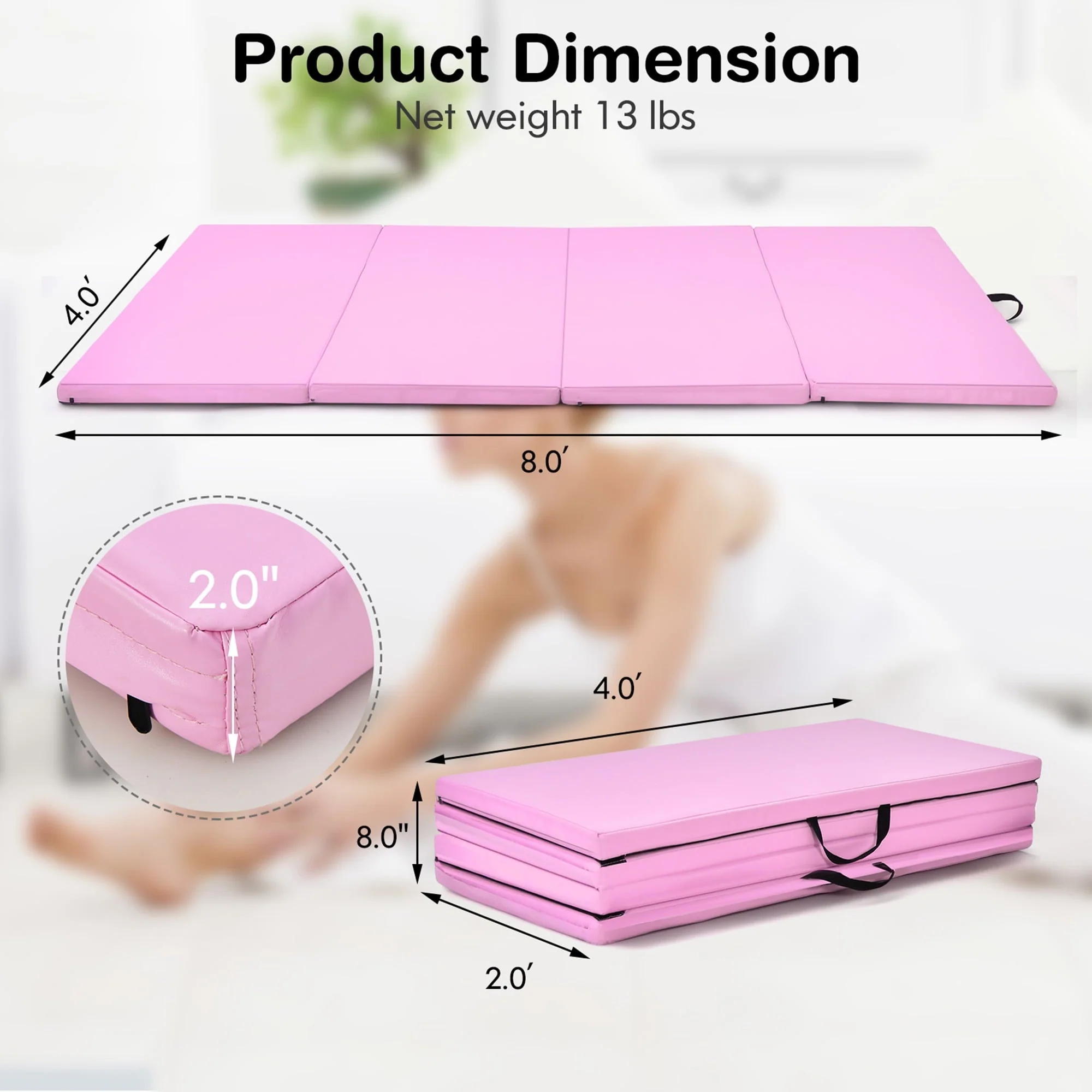 Gymax 8' x 4' x 2'' Folding Gymnastics Tumbling Mat Thickened Exercise Mat Pink