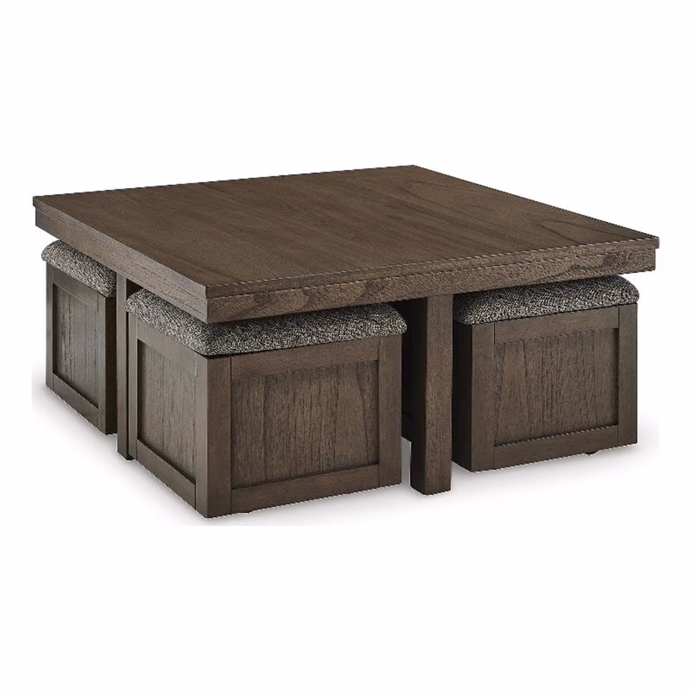 Bowery Hill Wood Contemporary Brown Coffee Table with 4 Stools