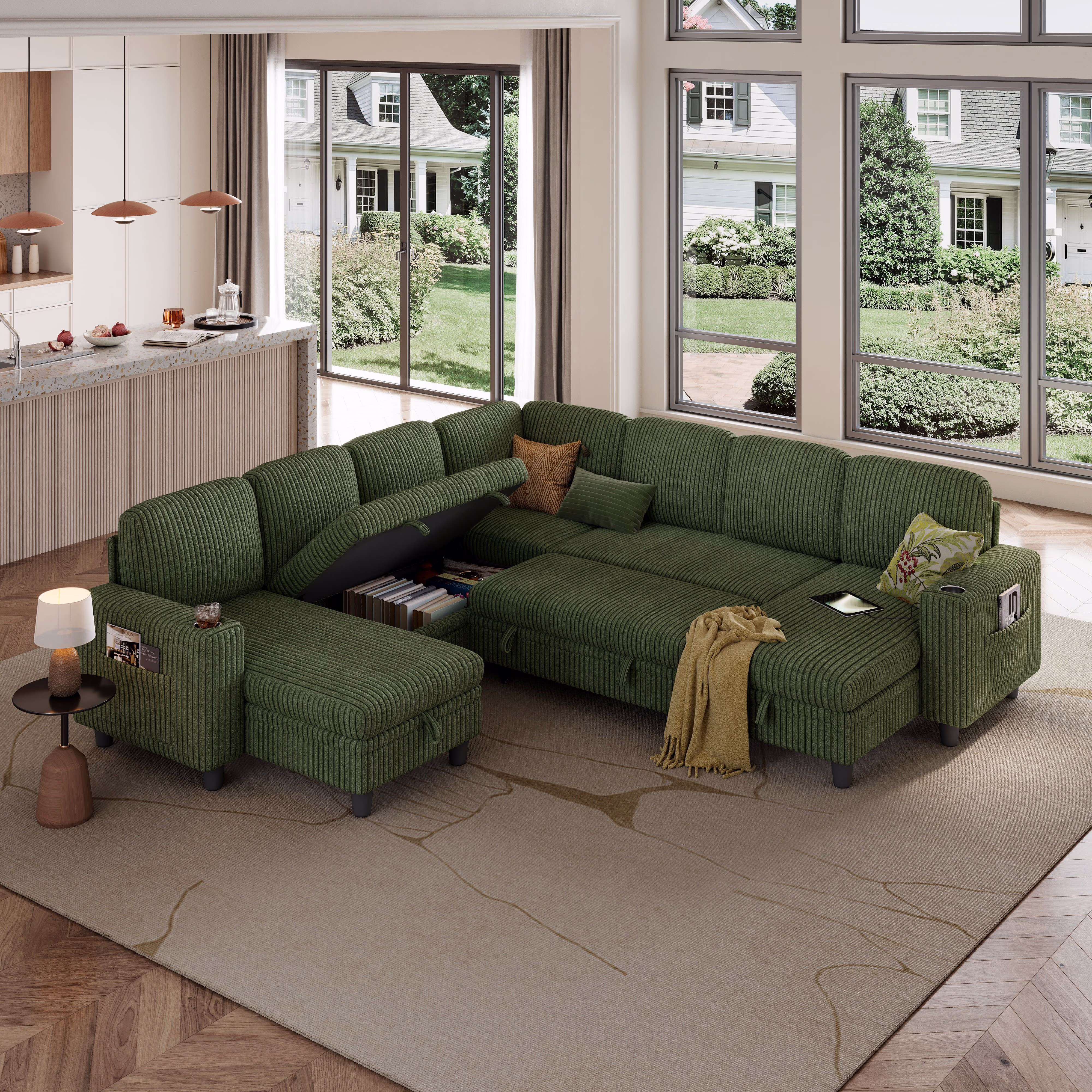 Linsy Home Storage Sectional Sleeper Sofa with Pull Out Bed, 9 Seat Modular Sectional Sofa with with USB & Cup Holder, Plush Corduroy Sectional Couches for Living Room, Green