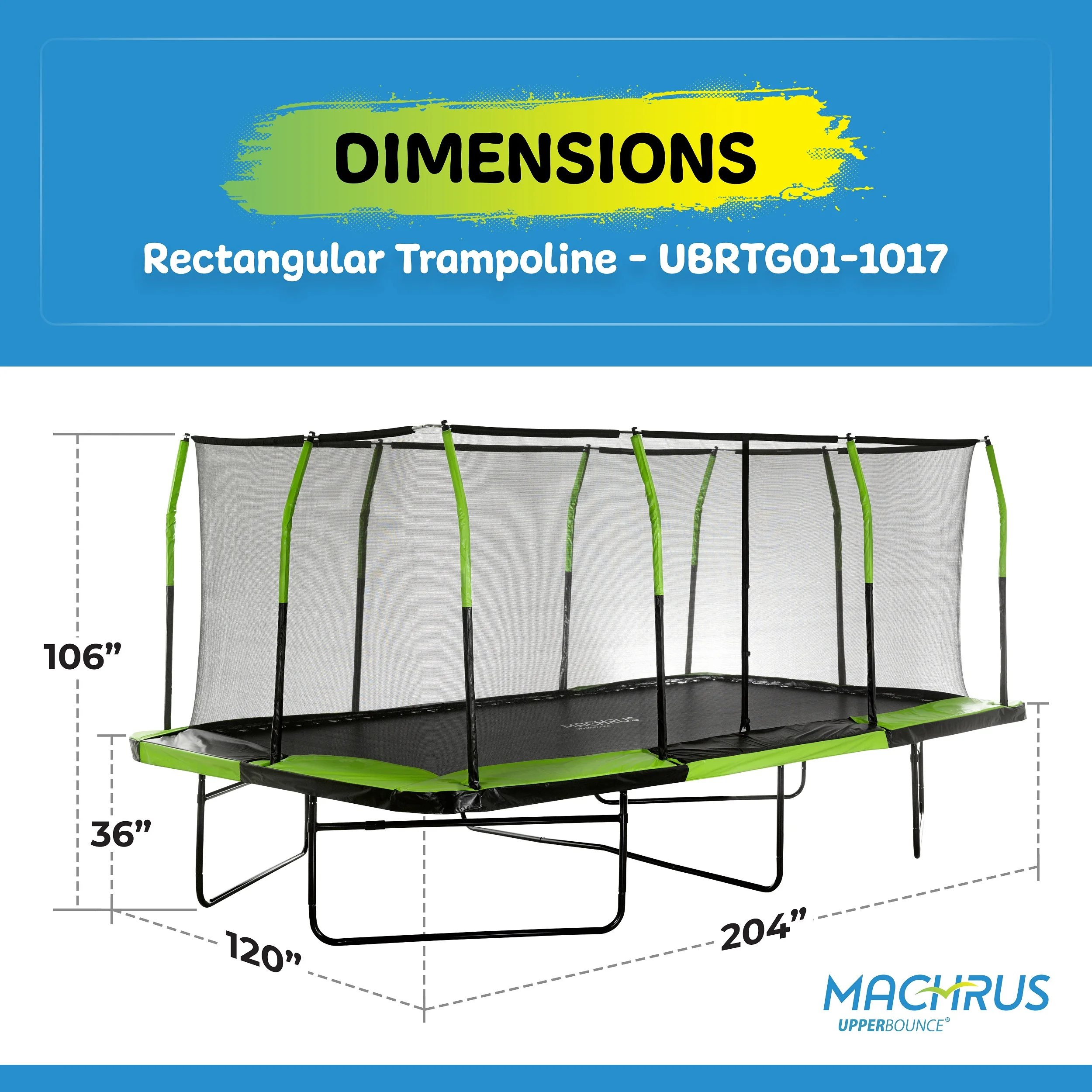 Machrus Upper Bounce - Mega 10' X 17' Gymnastics Style, Rectangular Trampoline Set with Premium Top-Ring Enclosure System - Green/Black