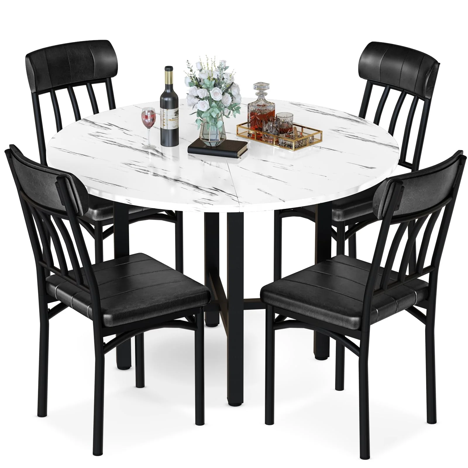 Furlinkhm Round Dining Table Set for 4, Wood Round Kitchen Table and Chairs Set for 4, Modern Dining Room Table Set with 4 Faux Leather Chairs, Round Dinner Table for Small Space, Walnut