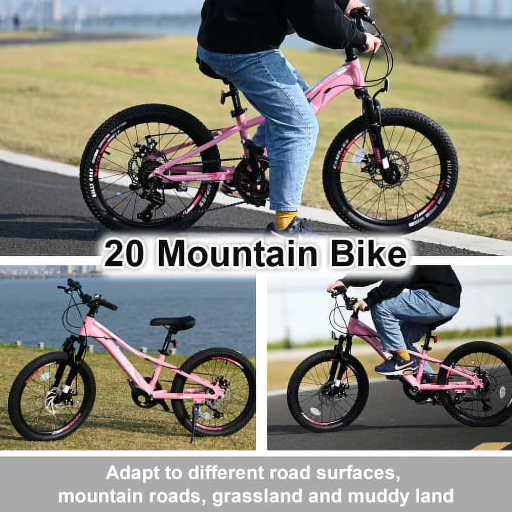 Zukka 20 inch  Girls Mountain Bike 7 Speed Aluminum Alloy Frame Bicycle for Kids Girls in Pink