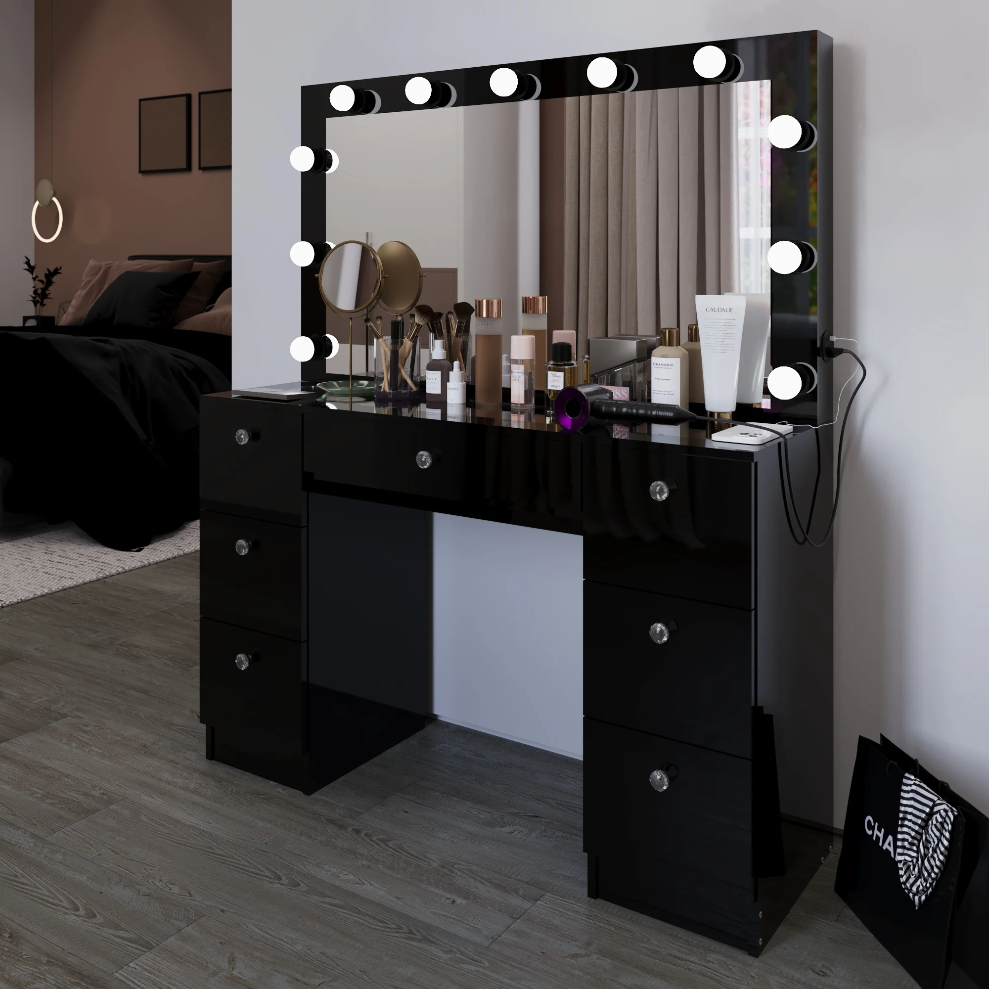 Ember Interiors Ibbie White Makeup Vanity with Glass Top, Lights, Charging Station