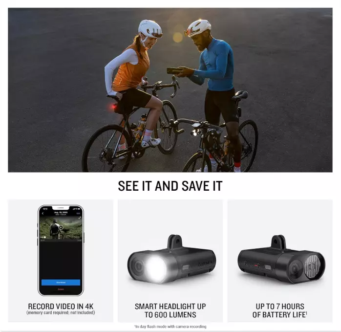 Garmin Varia Vue, Cycling Headlight and 4k Camera, Light Intensity up to 600 Lumens, Crystal-Clear Video Recording, Incident Detection while Cycling