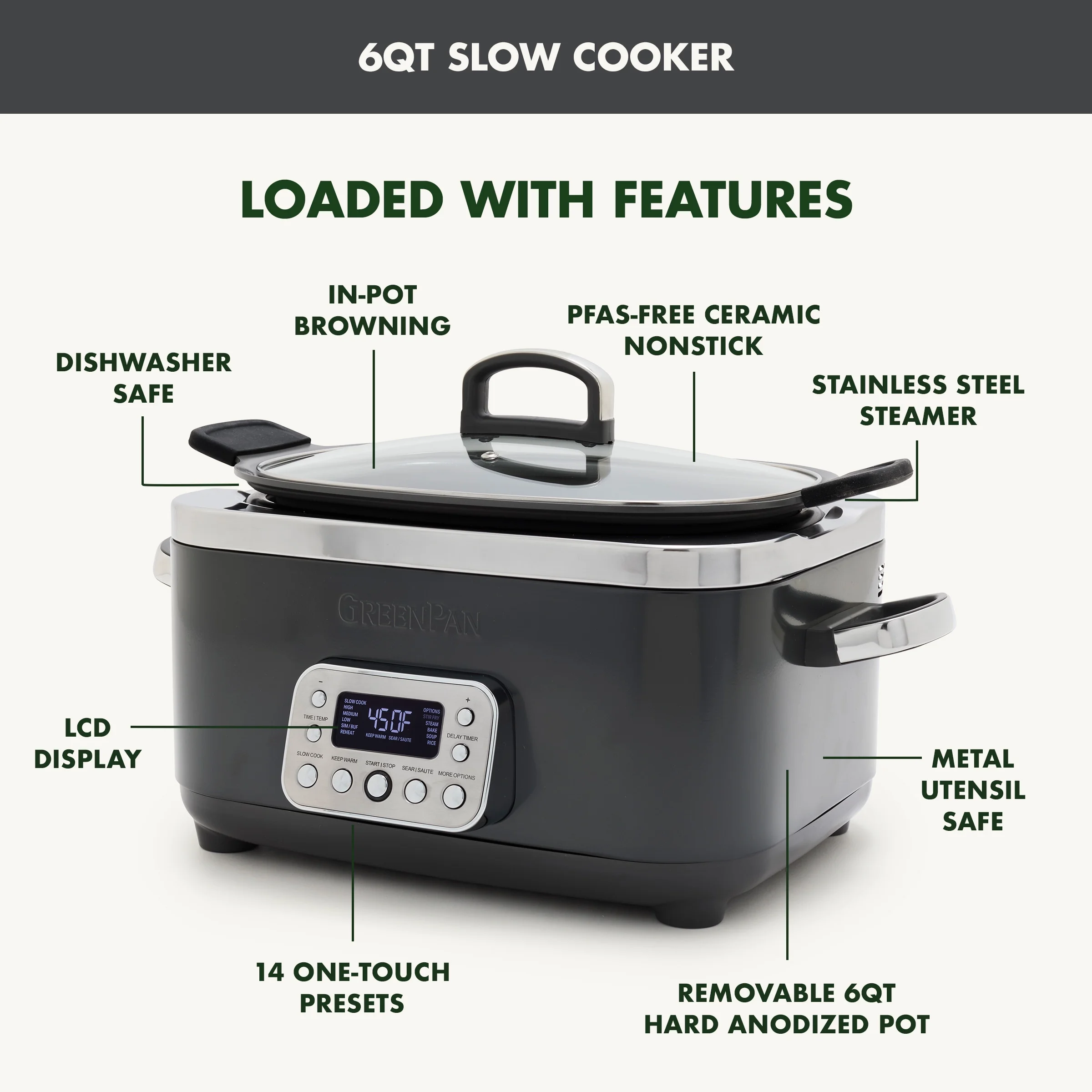GreenPan 6-Quart, 14-in-1 Slow Cooker, Family Size, Ceramic Nonstick, Dishwasher Safe Parts, Black