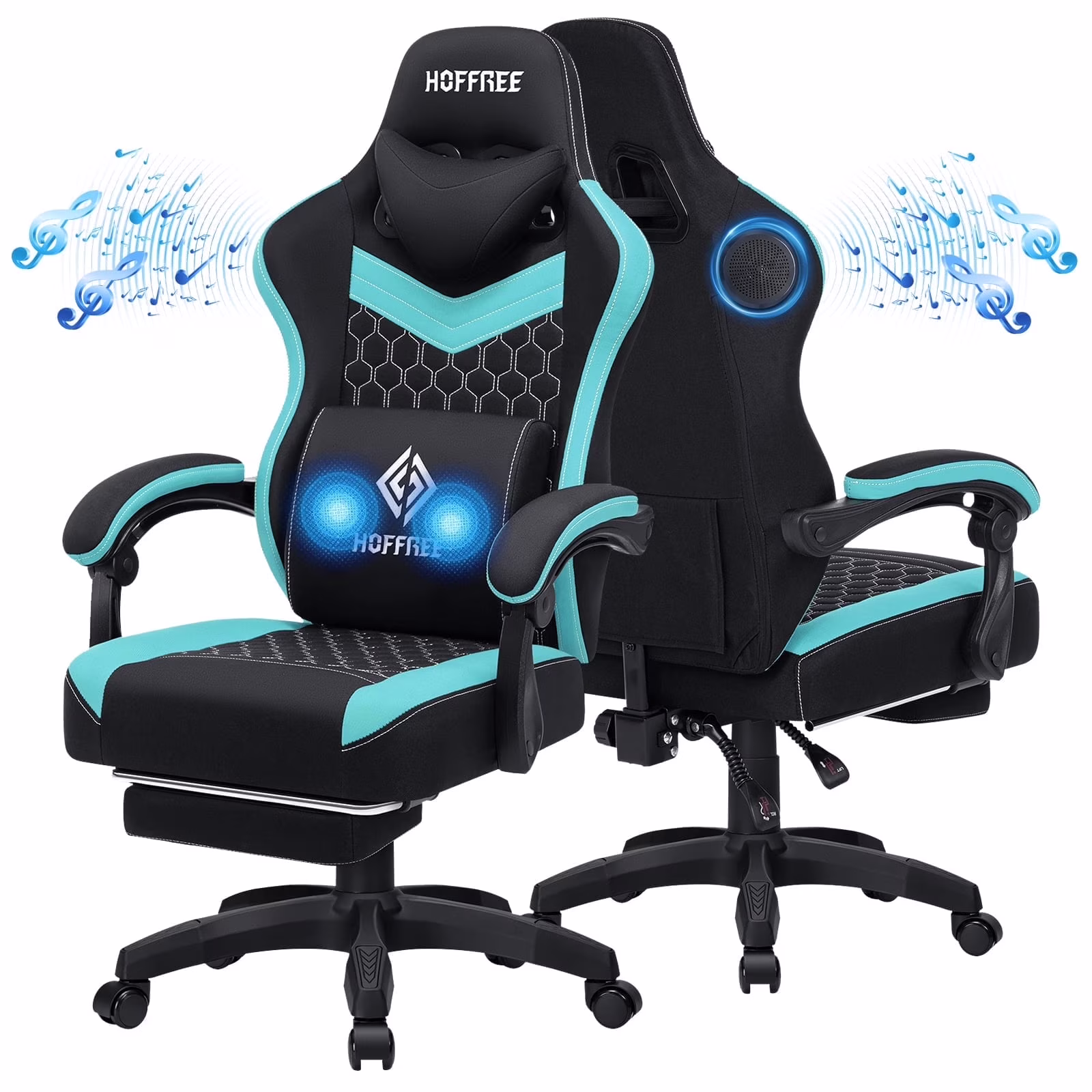 Hoffree Gaming Chair with Speakers Fabric Gamer Chair with footrest and massage Big and Tall Video Game Chair with Headrest and Lumbar Support for Adults
