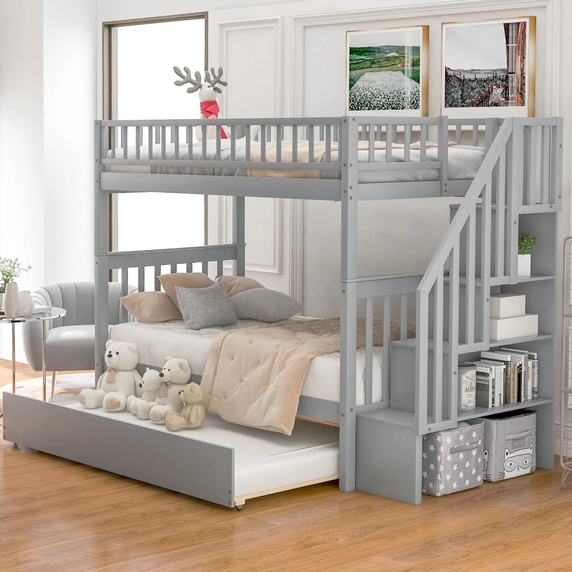 Bunk Bed, Twin Over Twin Wood Bunk Beds with Trundle and Storage, Converted to 2 Twin Beds Frame with Ladder and Stairs for Kids Adults, Saving Space, Gray