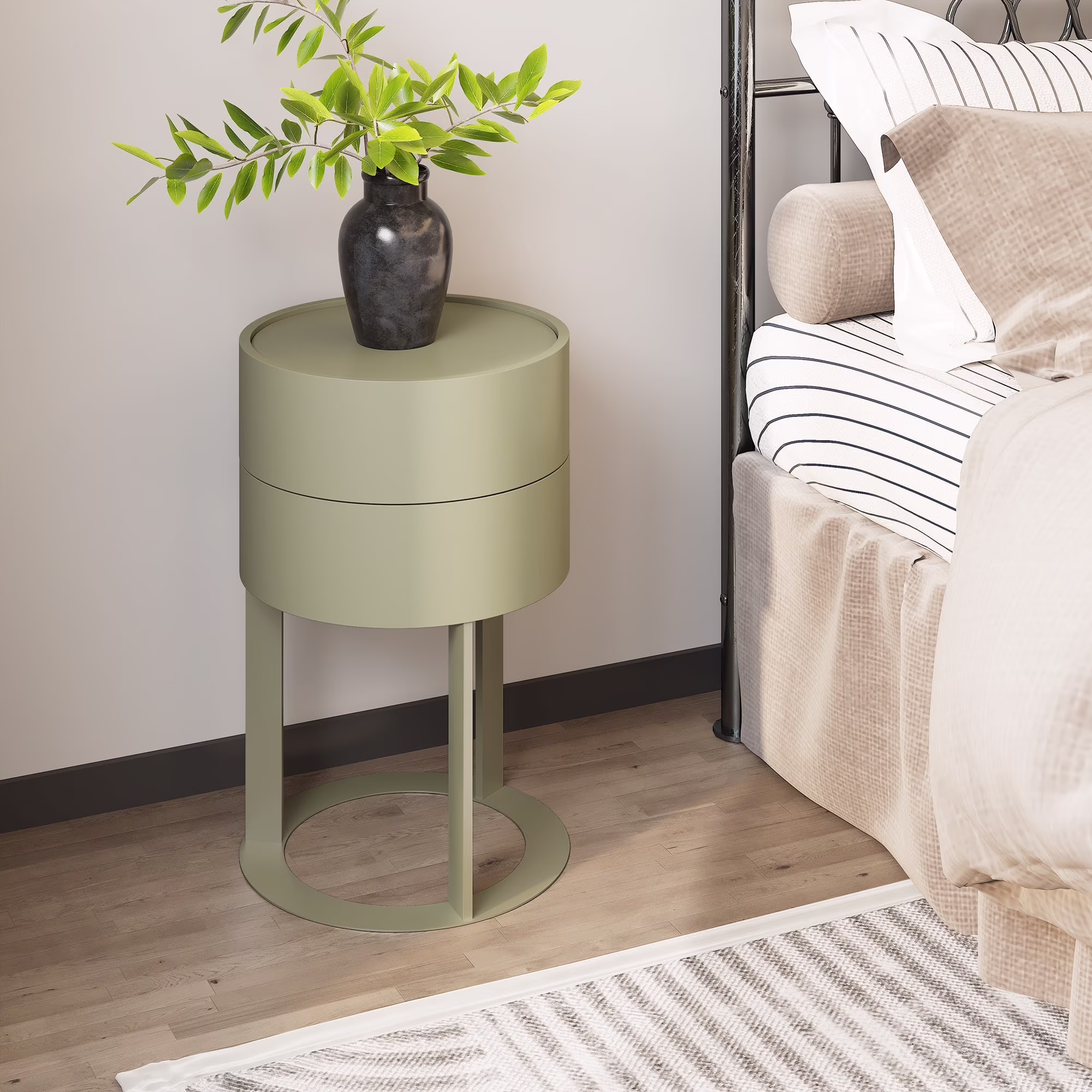 HLR Modern Round Wood Nightstand with Drawer, 2-Tier End Table for Living Room, Bedroom, Black