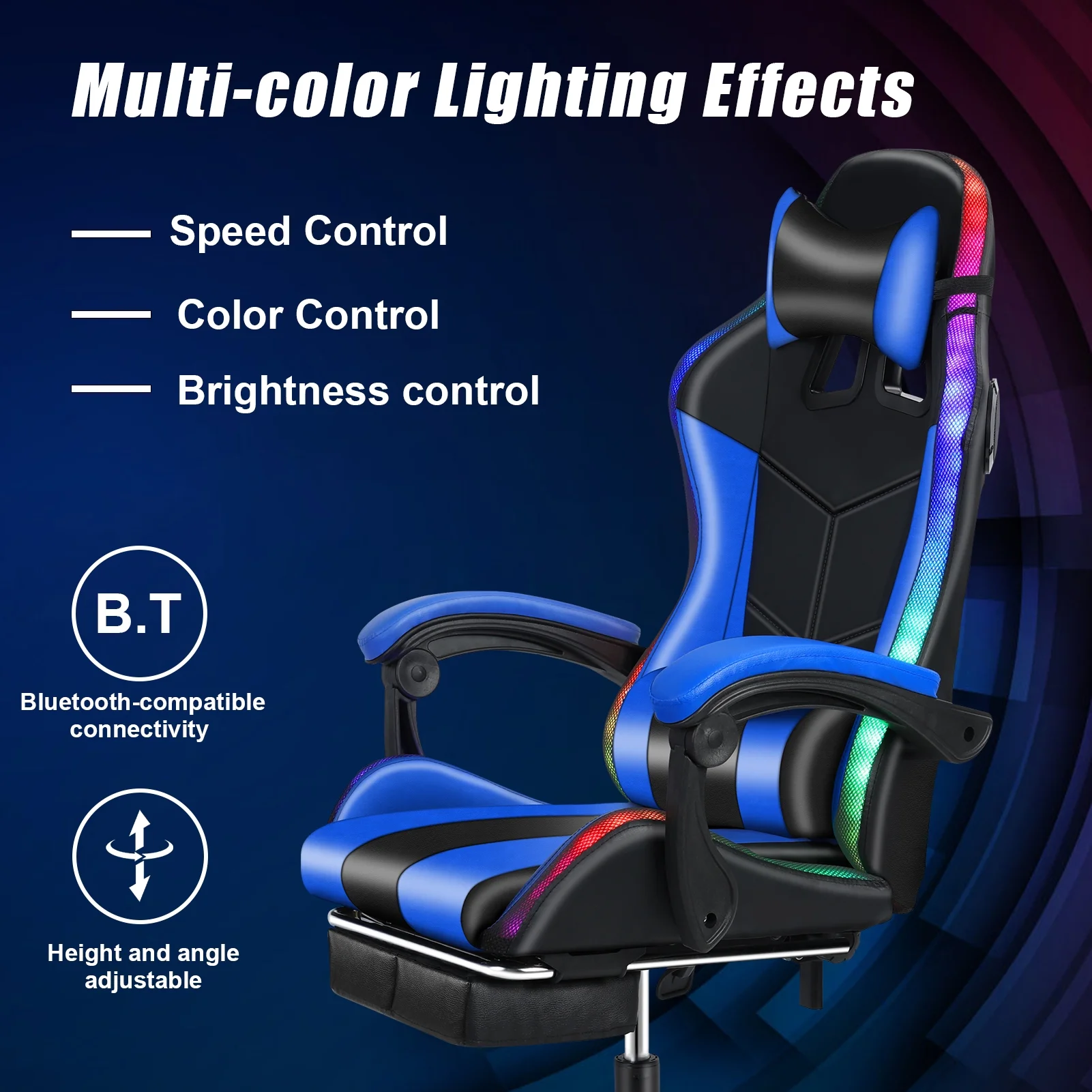 Happydeer Gaming Chair with Bluetooth Speakers and LED Lights Ergonomic Massage Video Game Chair with Footrest High Back with Lumbar Support Blue and Black