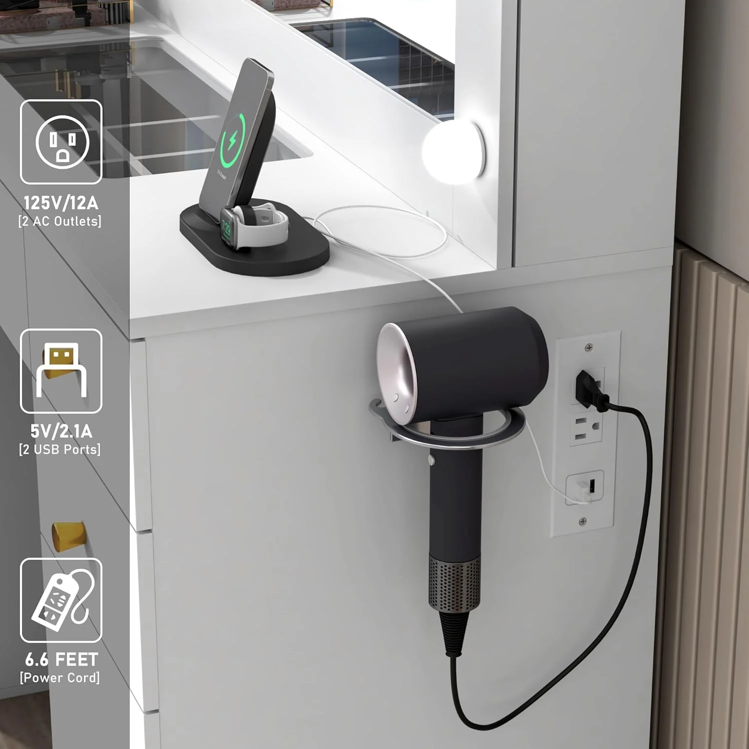 White Vanity Desk with Large Lighted Mirror & Power Outlet, Makeup Vanity Table with Glass Top & Drawers, Sliding Storage, 44.1