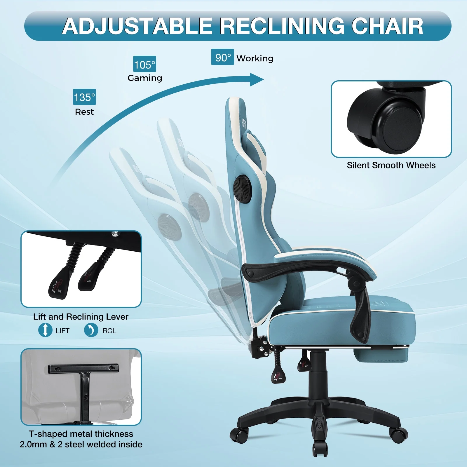 Hoffree Gaming Chair with Speakers PU Gamer Chair with footrest and massage Egonomic Computer Game Chair with Headrest and Lumbar Support for Adults and Office Gaming, 440 LBS