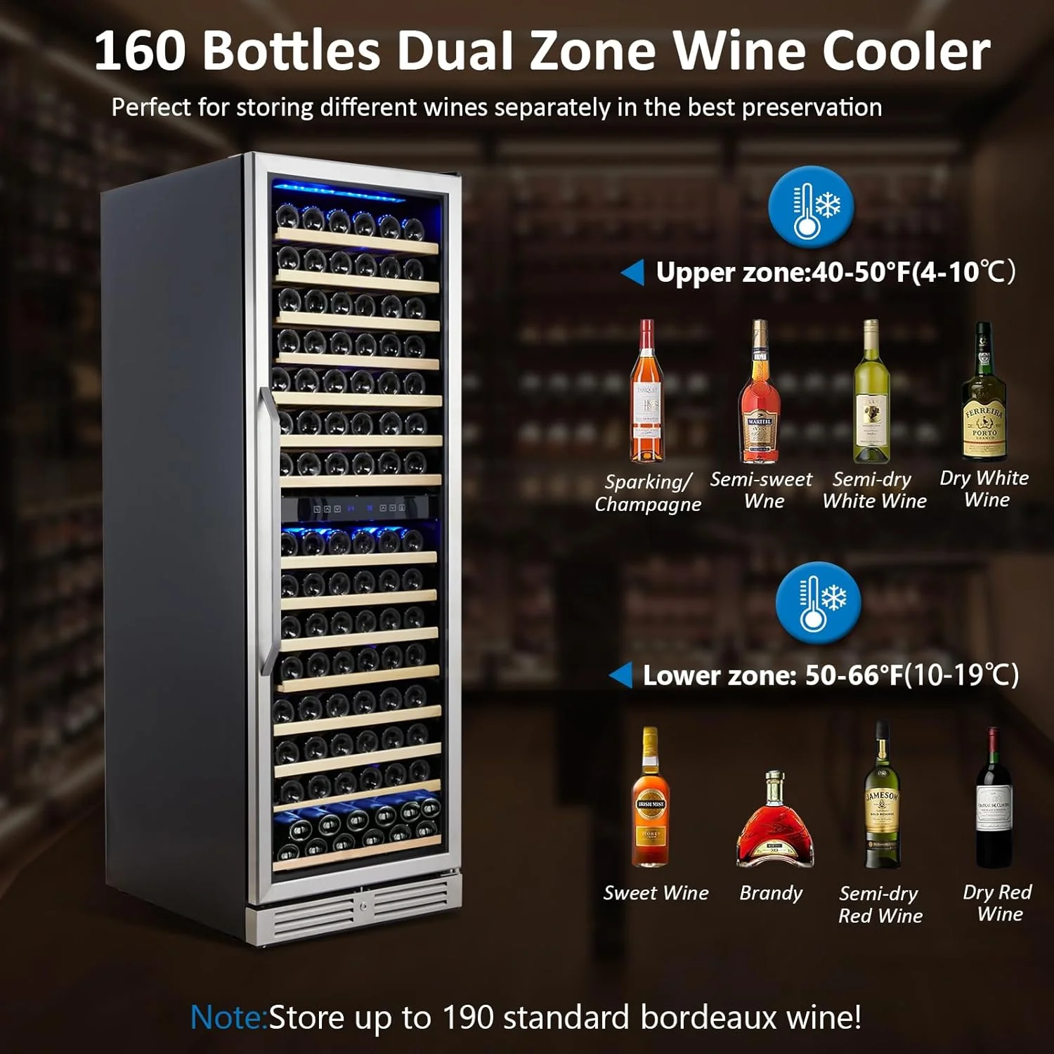 24 Inch Wine Fridge Dual Zone 160 Bottle, Tall Wine Cooler Refrigerator Built-in or Freestanding with Temperature Control System, Professional Compressor, Low Noise and Intelligent Temperature Memory