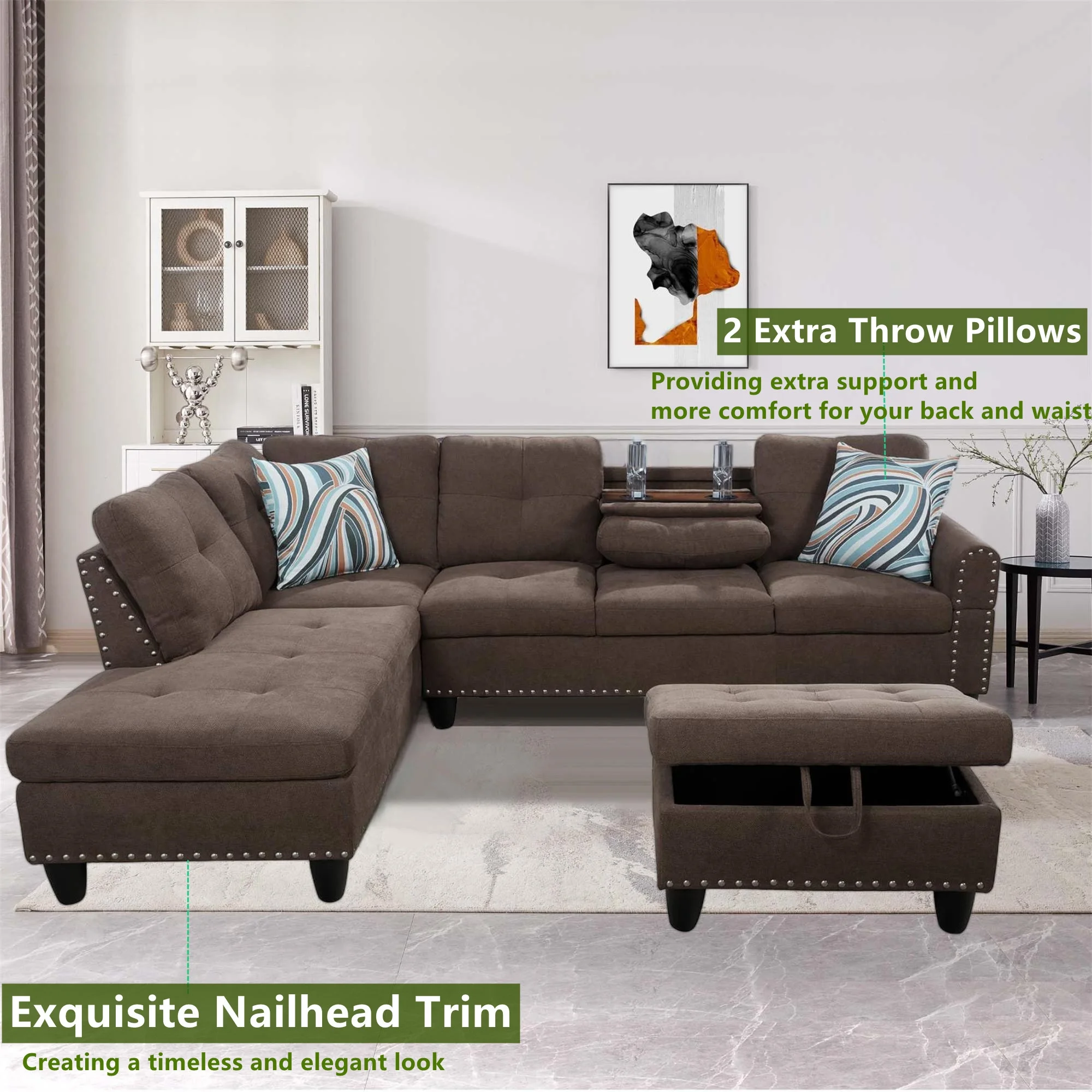 Aukfa 3 Piece Sectional Sofa, Living Room Couch with Storage Ottoman&Cup Holder, Linen, Left Hand, Black Gray