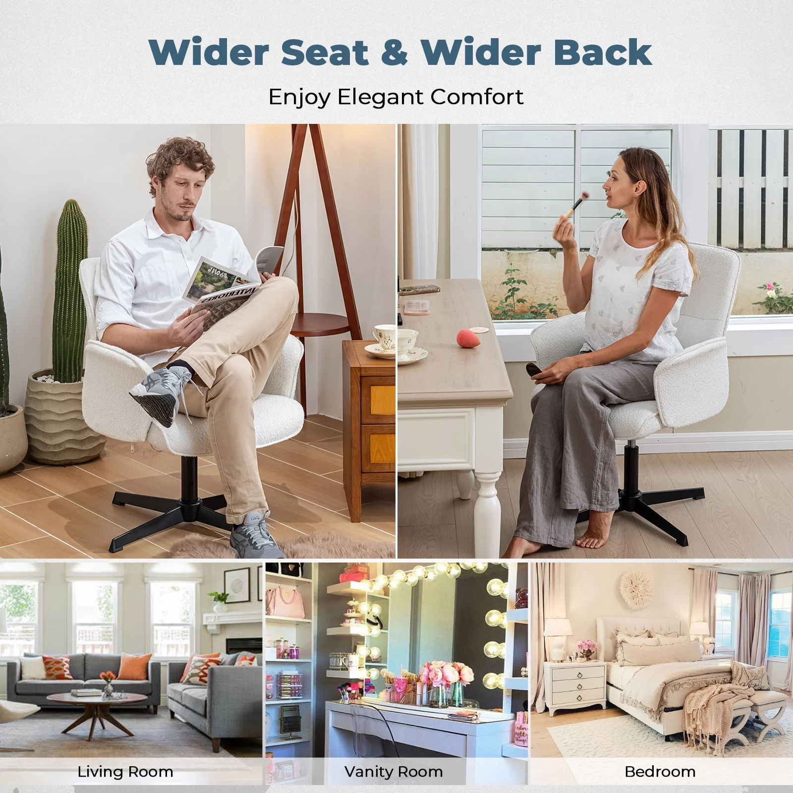 Homy Casa Ergonomic Criss Cross Leg Fabric Office Chair, Height Adjustable Wide Seat, Beige