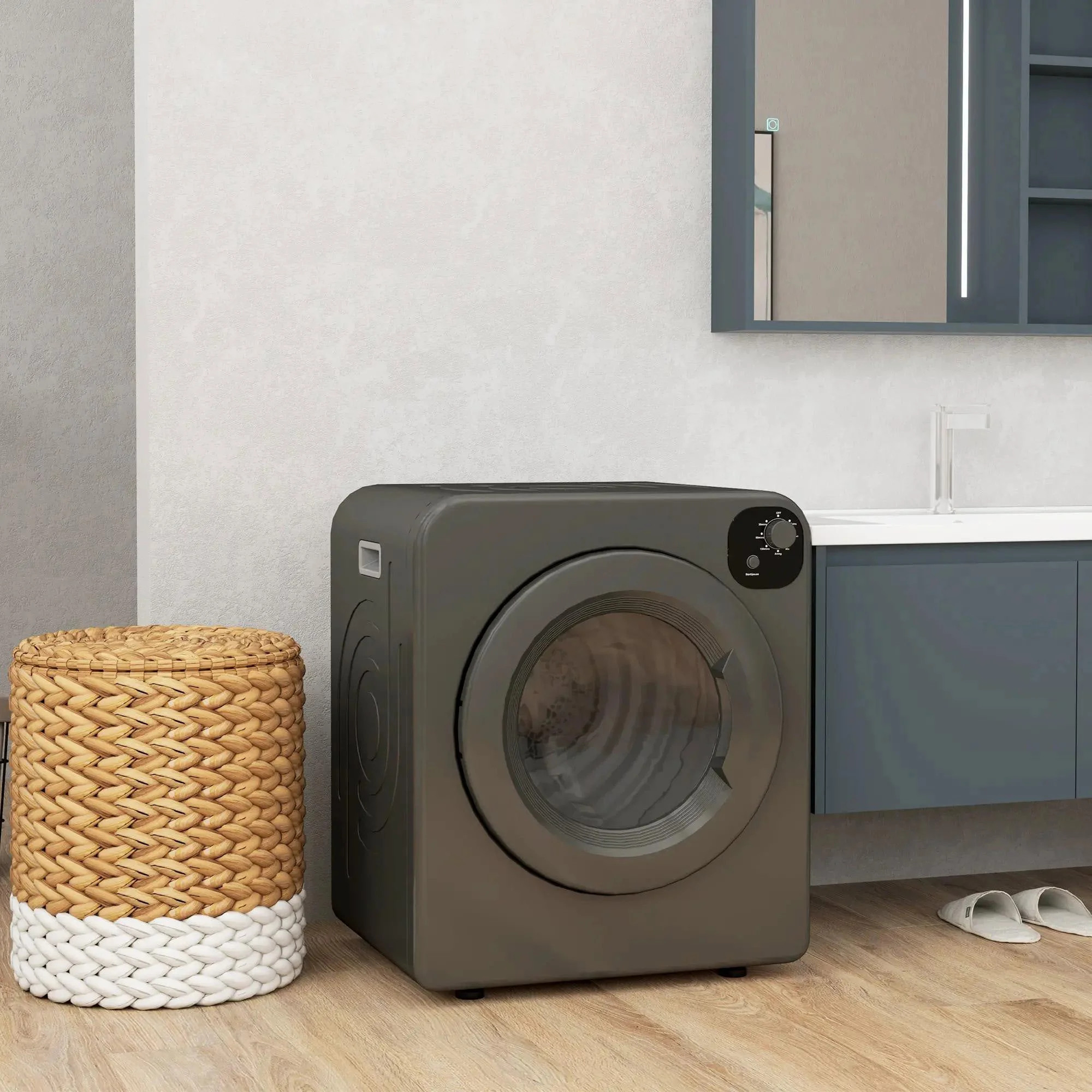 Resenkos Compact Laundry Dryer 1300W Portable Clothes Dryer with 3.2 cu.ft Stainless Steel Drum, Front Load Electric Dryer, Gray