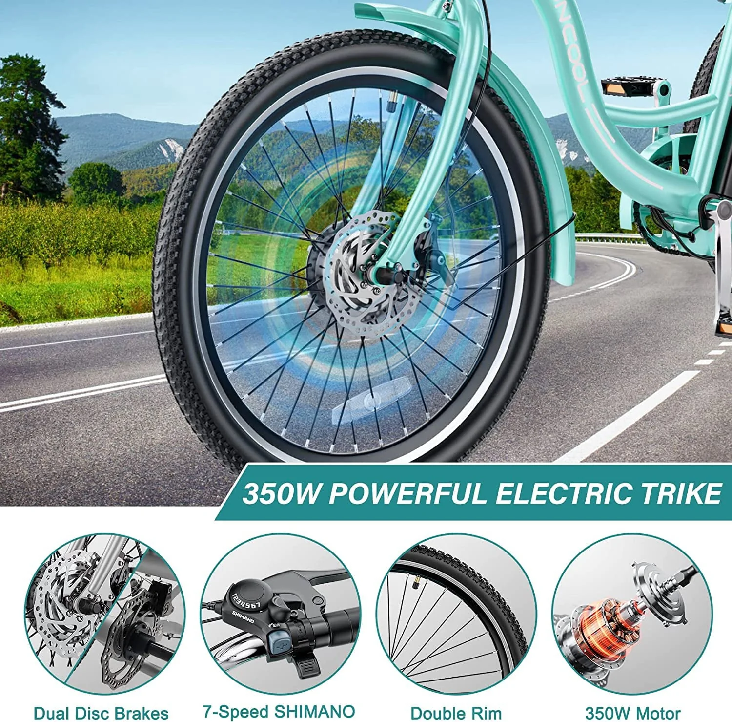 MOONCOOL Electric Tricycle, 350W 36V 24 Inches 7 Speeds 3 Wheels Electric Bikes for Adults, Motorized Electric Trike Three Wheel Electric Bicycle