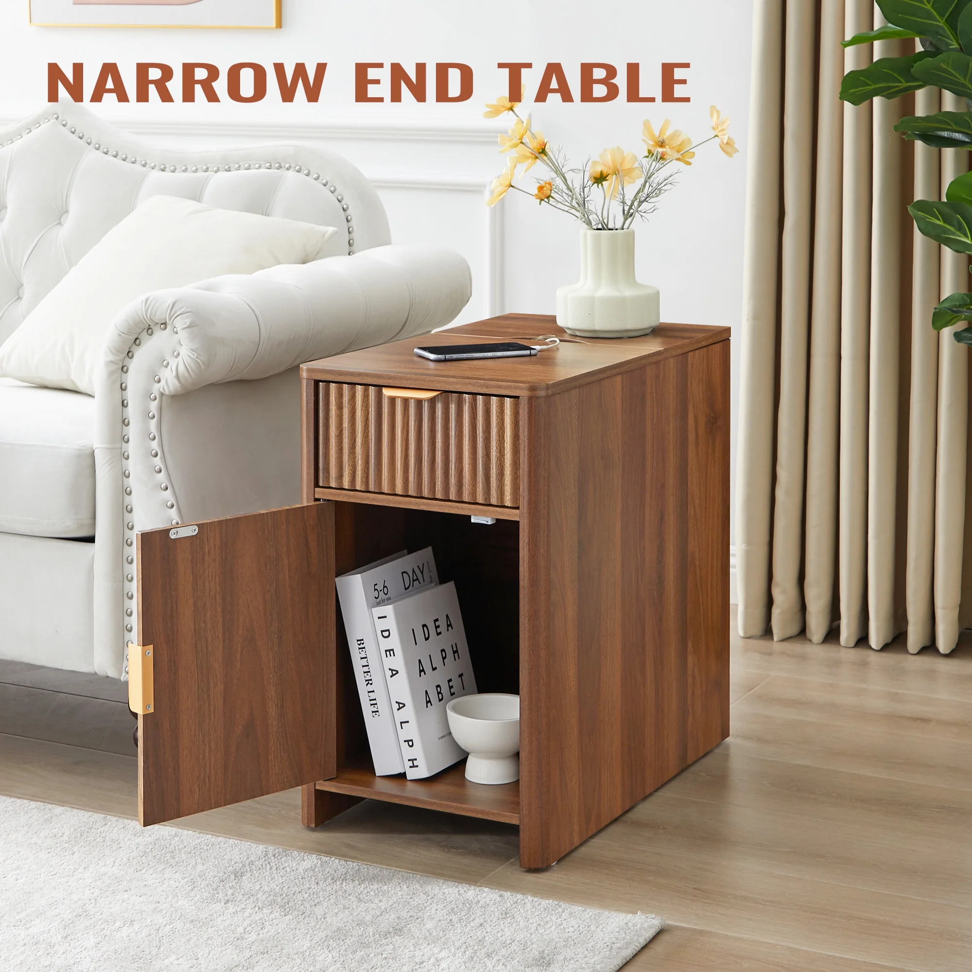 YOCWO Fluted Nightstand for Bedroom Set of 2 , Wood Bedside Table Set of 2 with Drawers, Black