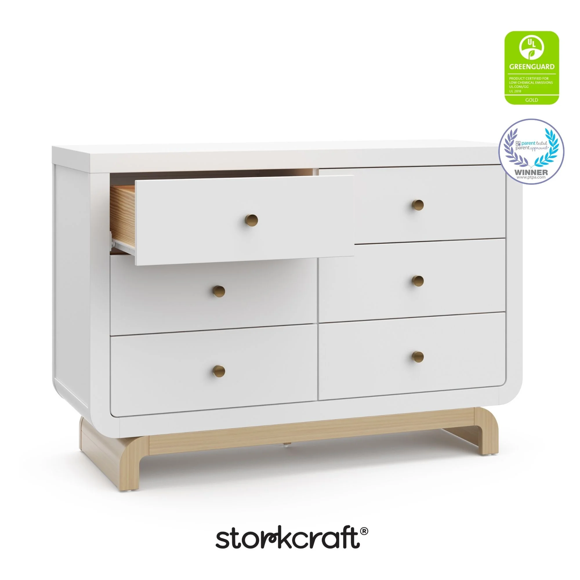 Storkcraft Santorini 6 Drawer Double Dresser, White/Driftwood