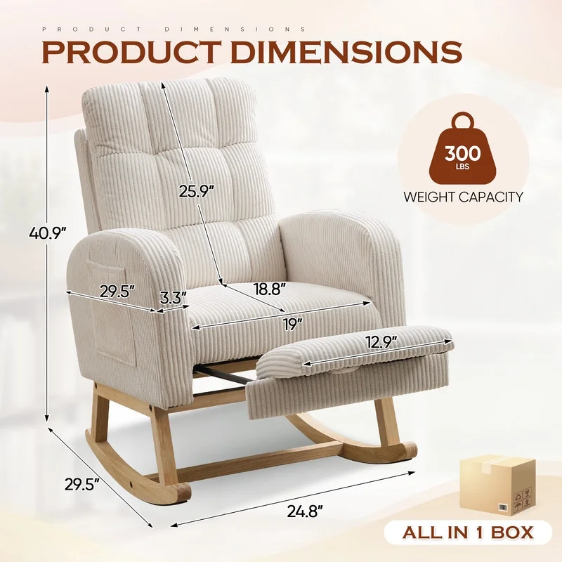 FFH Rocking Chair Nursery, Tufted Accent Rocker Chair, Upholstered Armchair with Adjustable Footrest, Side Pocket, High Backrest, Padded Seat, Polyester Blend (Retro, Dark Gray)