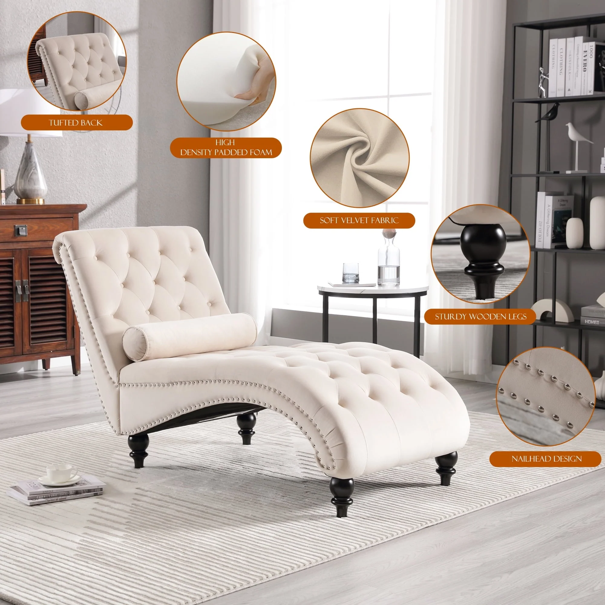 KINFFICT Velvet Chaise Lounge Indoor, Tufted lounge chair with Wood Legs, Leisure Accent Chair Upholstered Lounge Couch for Bedrooom Living Room, Beige