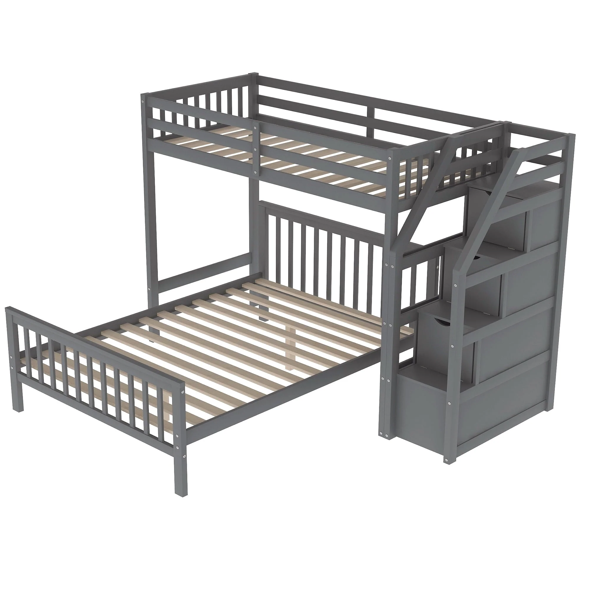Euroco Wood Stairway Twin Loft Bed with Full Platform and Drawer