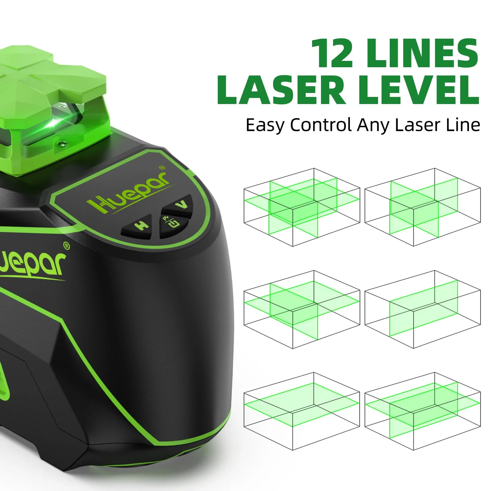 Huepar 3 x 360 Degree Cross Line Laser Level 3D Self-leveling Tiling Floor Green Beam Laser Leveler Tools with Li-ion Battery & Pivoting Base S03DG-L