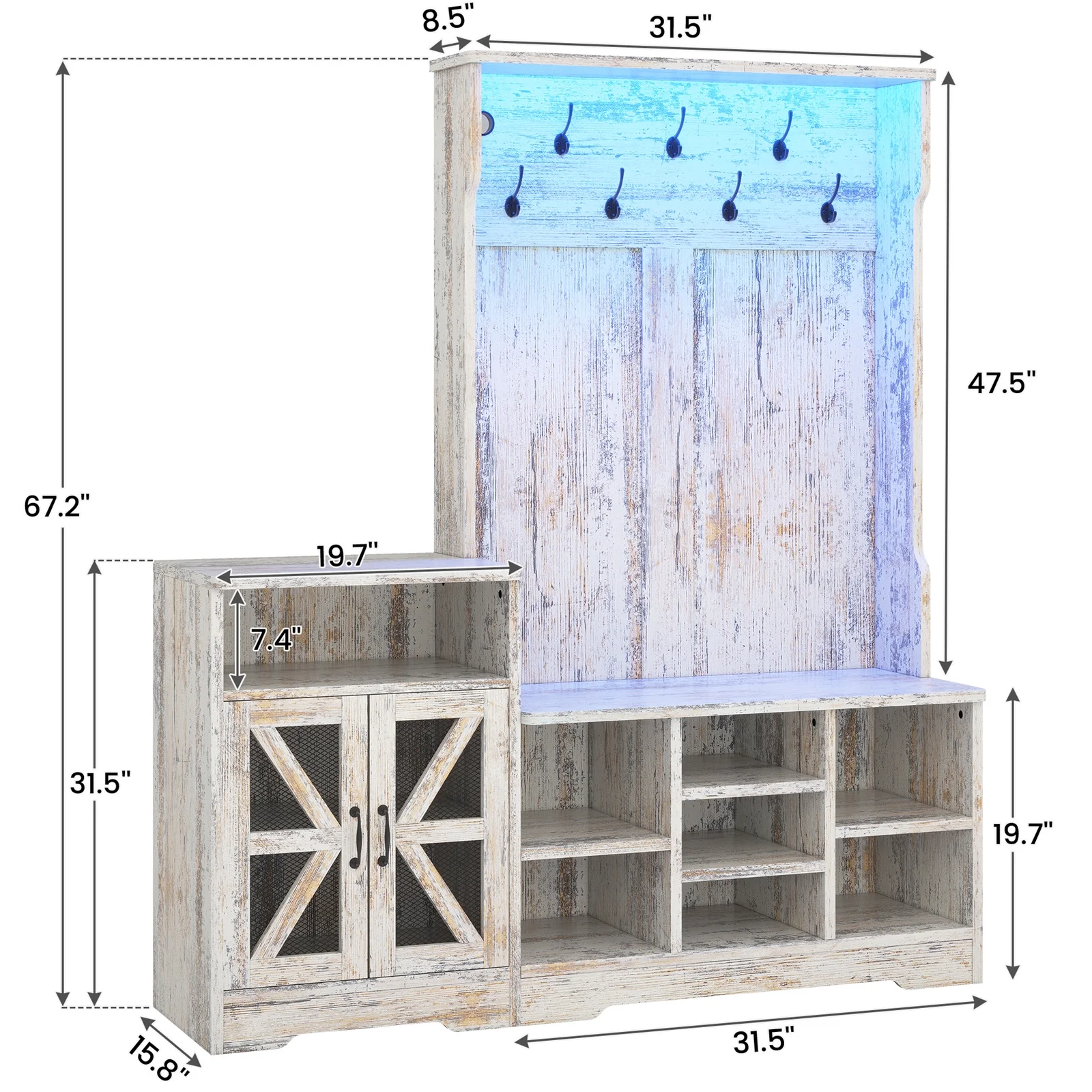 Farmhouse Wood Hall Tree with Shoe Bench and Console Table, LED 4-in-1 Coat Rack with 8 Hooks and 7 Adjustable Shoe Cubbies, Multifunctional Entryway Storage Organizer with Cabinet, Vintage White