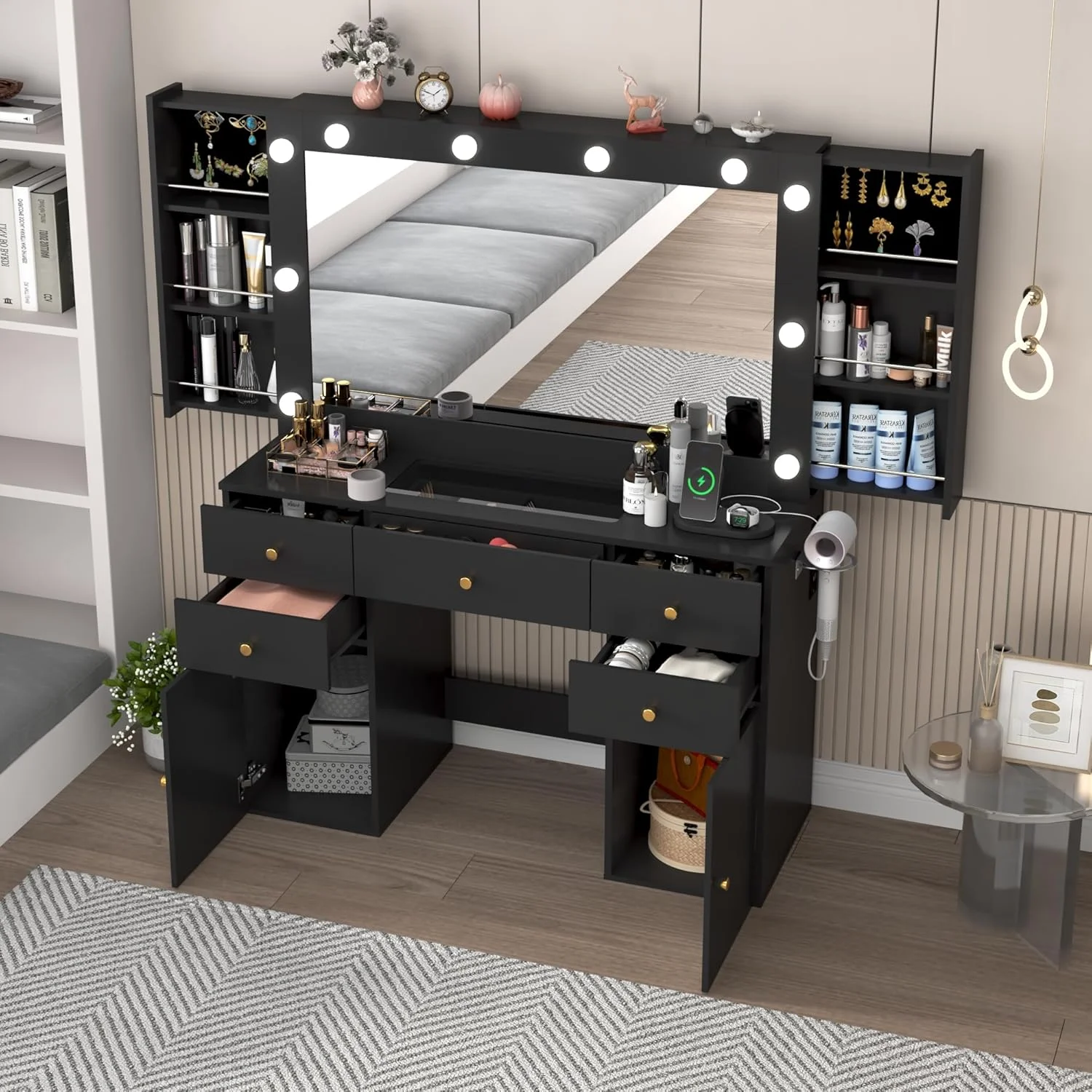 White Vanity Desk with Large Lighted Mirror & Power Outlet, Makeup Vanity Table with Glass Top & Drawers, Sliding Storage, 44.1