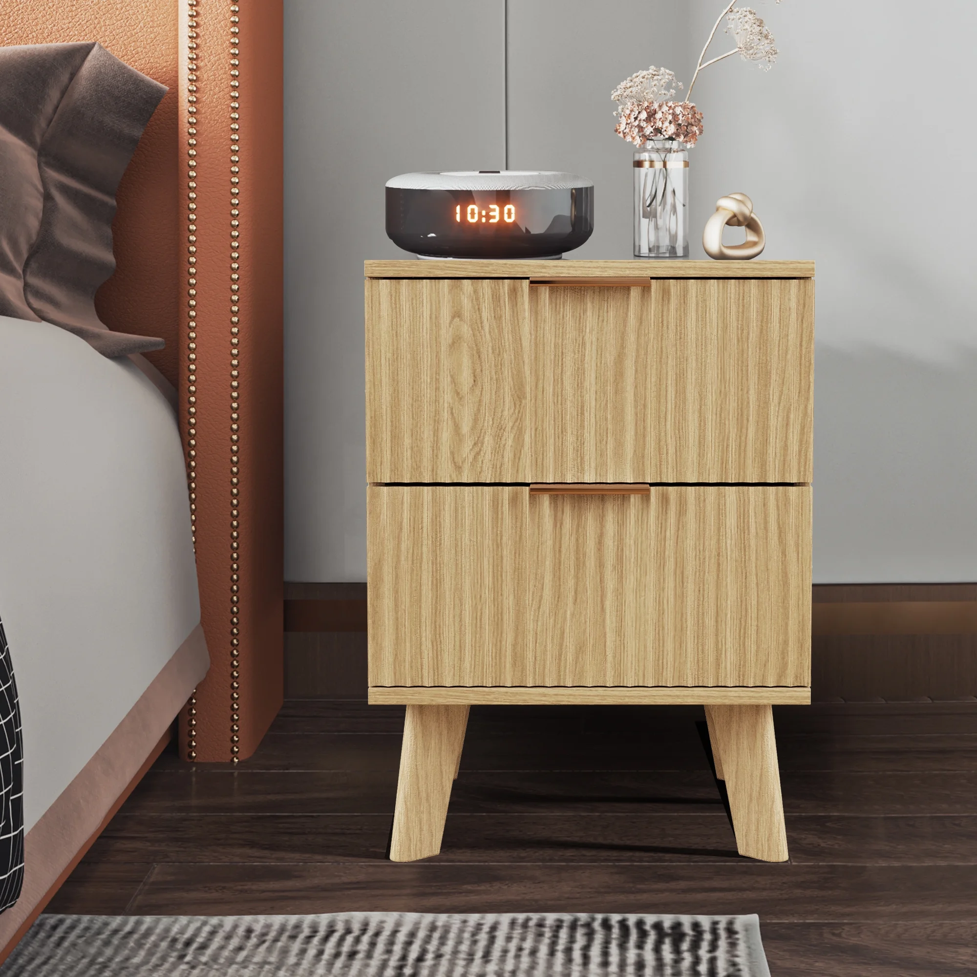 YOCWO Fluted Nightstand for Bedroom Set of 2 , Wood Bedside Table Set of 2 with Drawers, Black