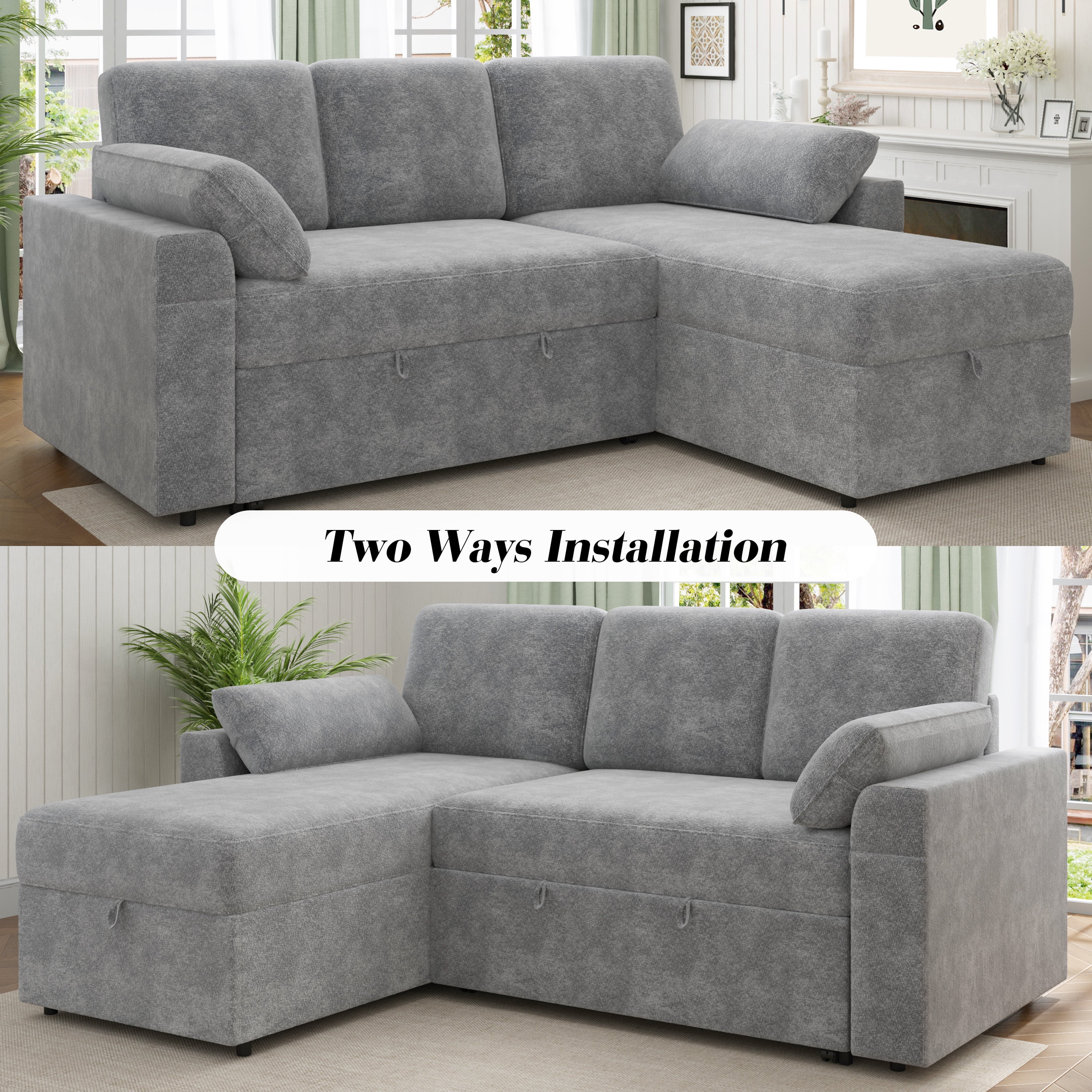 VANACC Sofa Bed, Adult Sleeper Sofa with Storage Chaise, Pull Out Couch for Bed Room, Gray Chenille