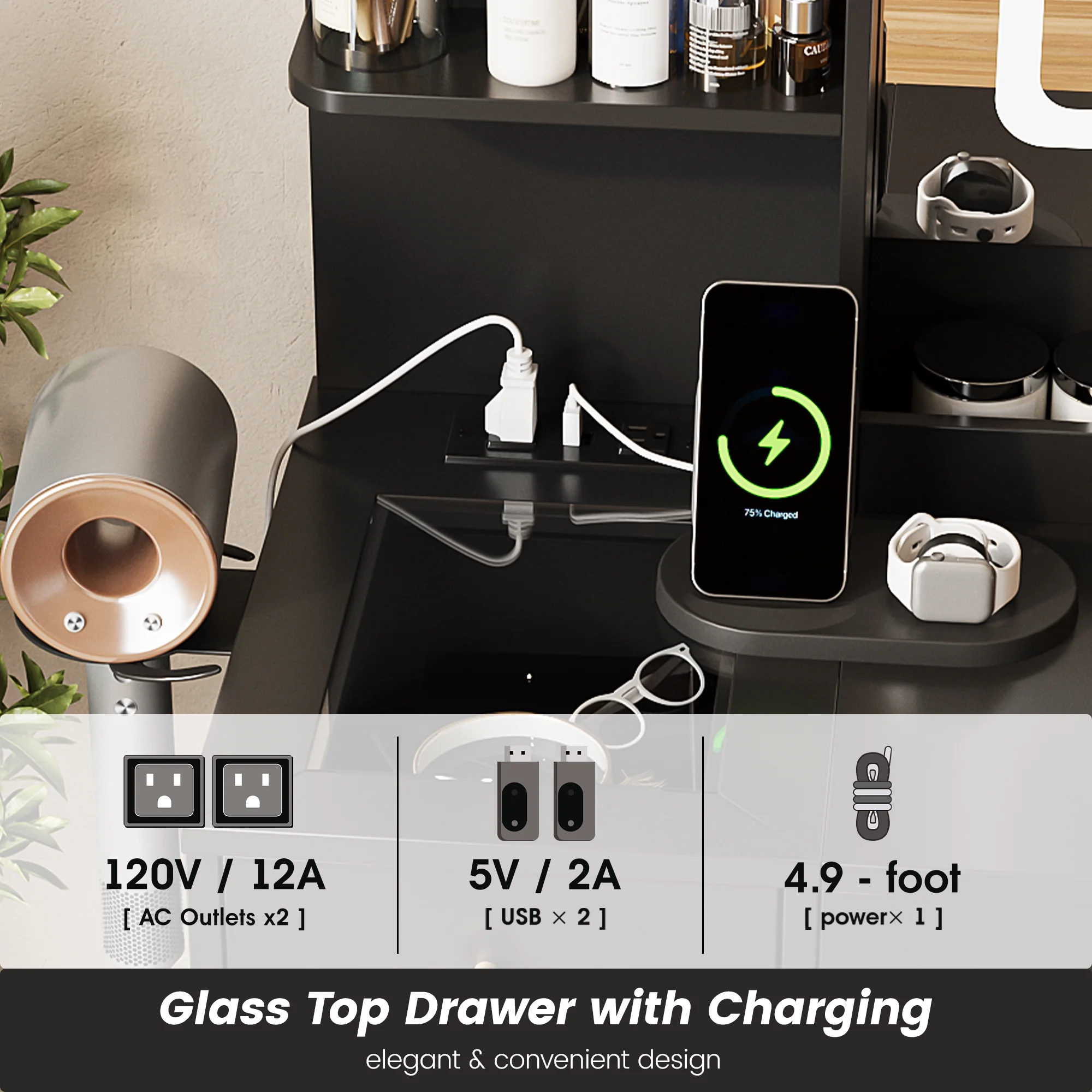 Vanity Set with Mirror and Lights, Makeup Table with Charging Station,5 Drawers & Storage Shelves, White