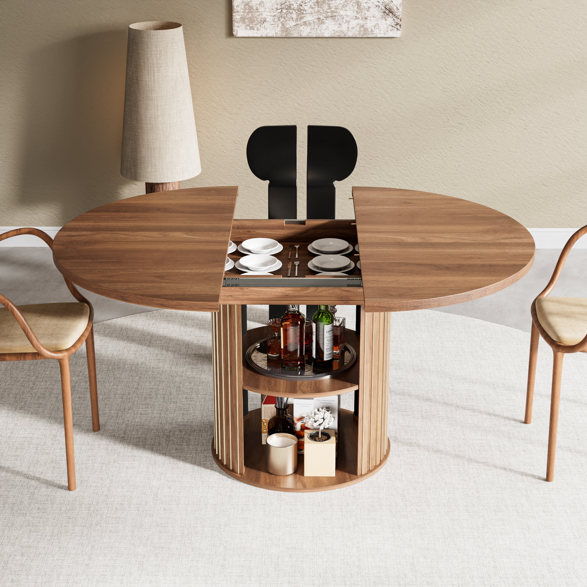 Extendable Dining Table for 4-6, Round Kitchen Table with Storage Shelf, Oval Dining Tables for Living Room (Walnut)