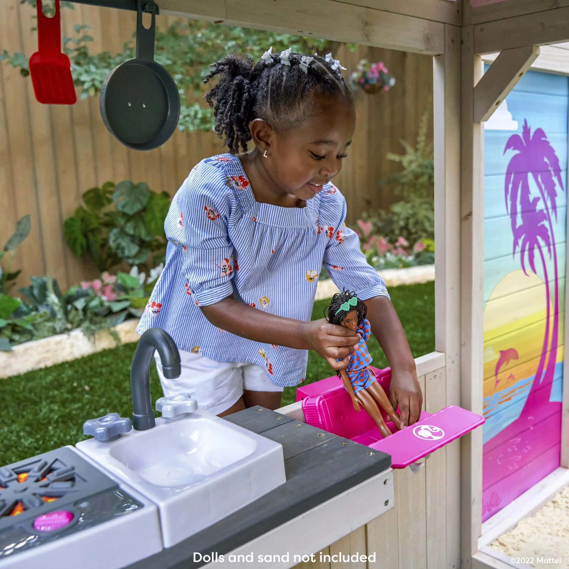 KidKraft Barbie? Seaside Wooden Outdoor Playhouse with Attachable Doll Table and Chairs