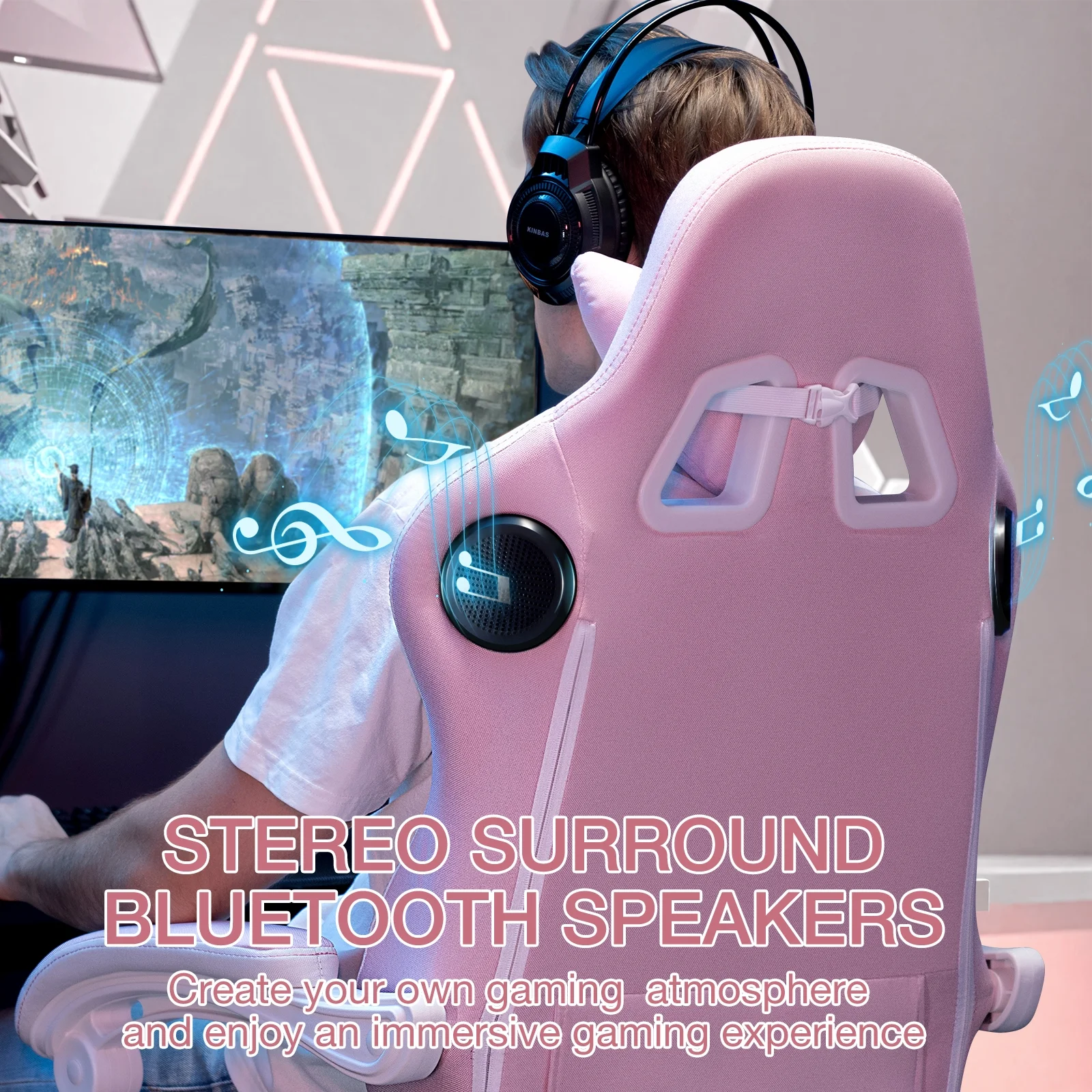 Hoffree Gaming Chair with Speakers Fabric Gamer Chair with footrest and massage Big and Tall Video Game Chair with Headrest and Lumbar Support for Adults