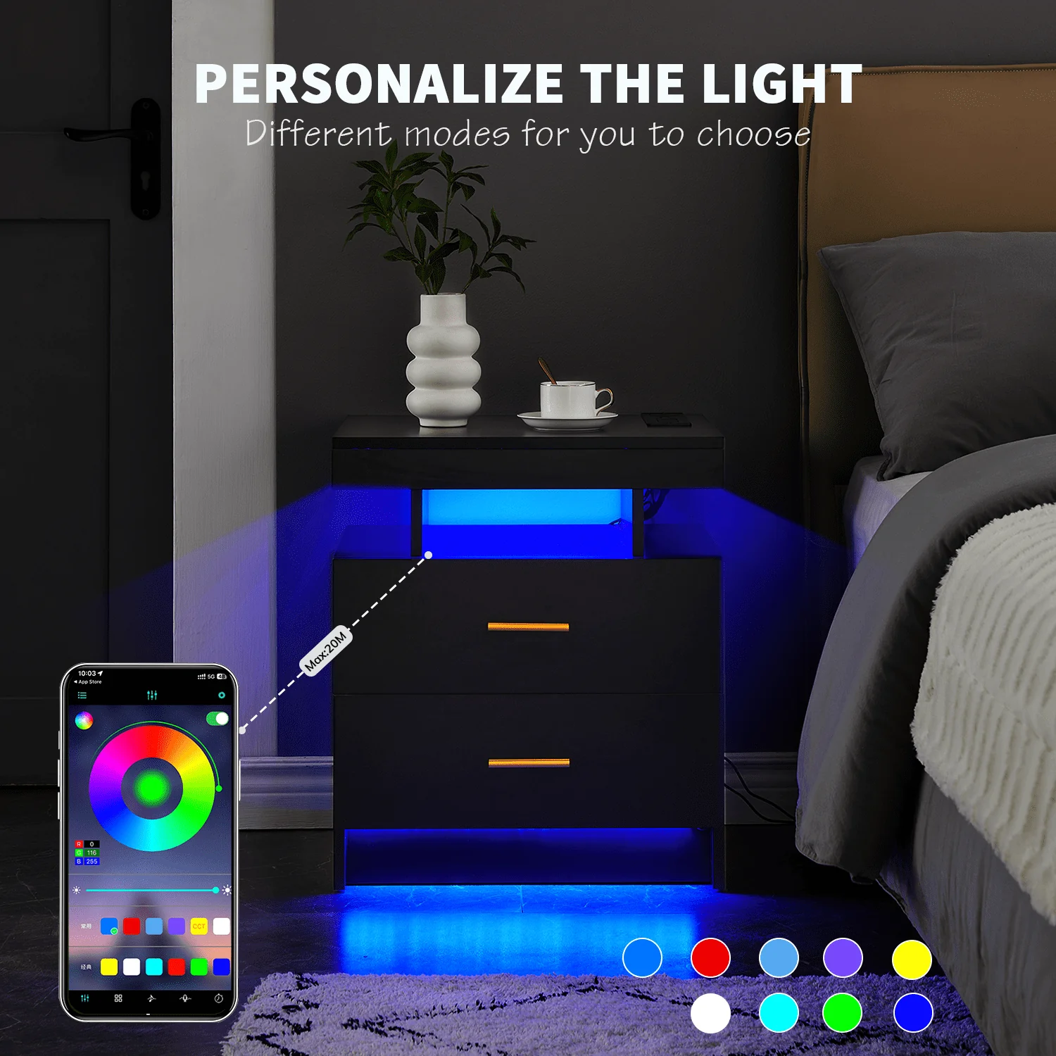 LED Nightstand, 2 Drawers Bedside Tables with Wireless Charging Station 2 Outlets and 2 USB Ports,Bedroom Nightstand with RGB 30 LED Light Mode App and Remote Control,Black
