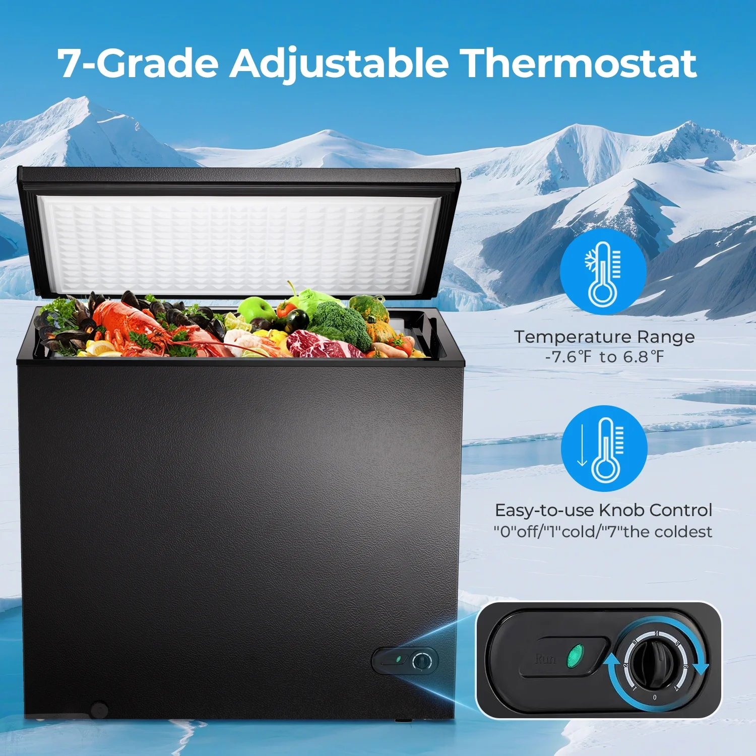 WAA 7.0 Cubic Feet Chest Freezer with 3 Removable Basket, Free Standing Top Open Door Compact Deep Freezer with Adjustable Temperature for Home/Kitchen/Office/Garage/Bar (7.0 Cu.Ft, Black)