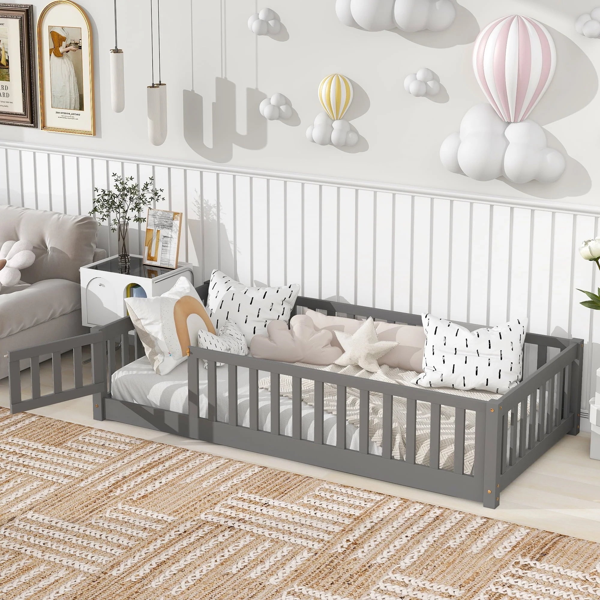 Paproos Twin Size Floor Platform Bed with Fence and Door, Solid Wood Playhouse Bed for Kids, Toddlers, Boys, Girls, No Box Spring Needed, Montessori Bed Frame with Support Slats, Twin Bed Frame, Gray