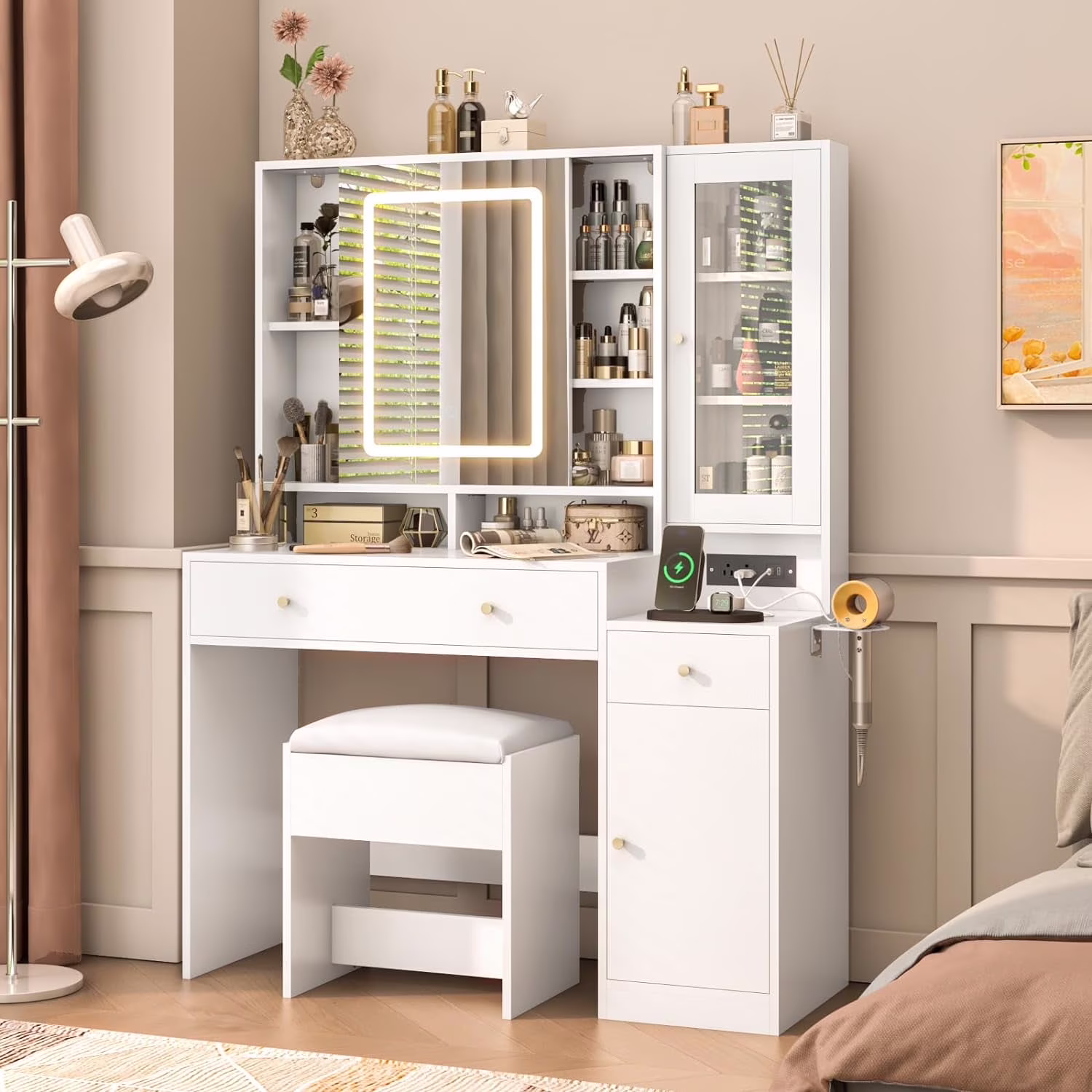 White Vanity Desk with Sliding Mirror & Lights, Vanity Table Makeup Desk with Charging Station 2 Drawers 2 Doors, Lots of Storage Shelves, Large Vanity Set with Cushioned Stool