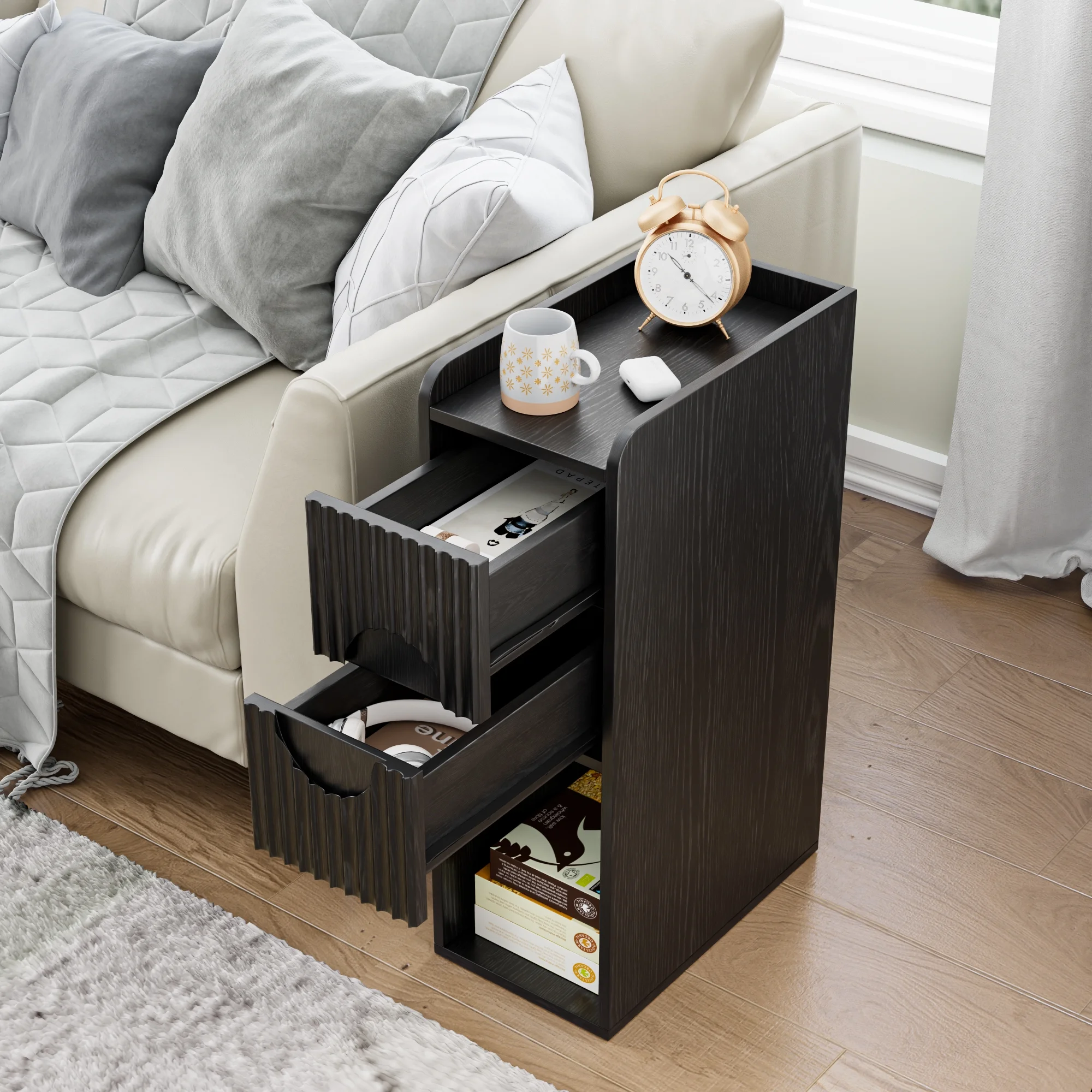 Narrow Nightstand Set of 2 with Drawers, Fluted Slim Side End Table with Storage for Small Spaces