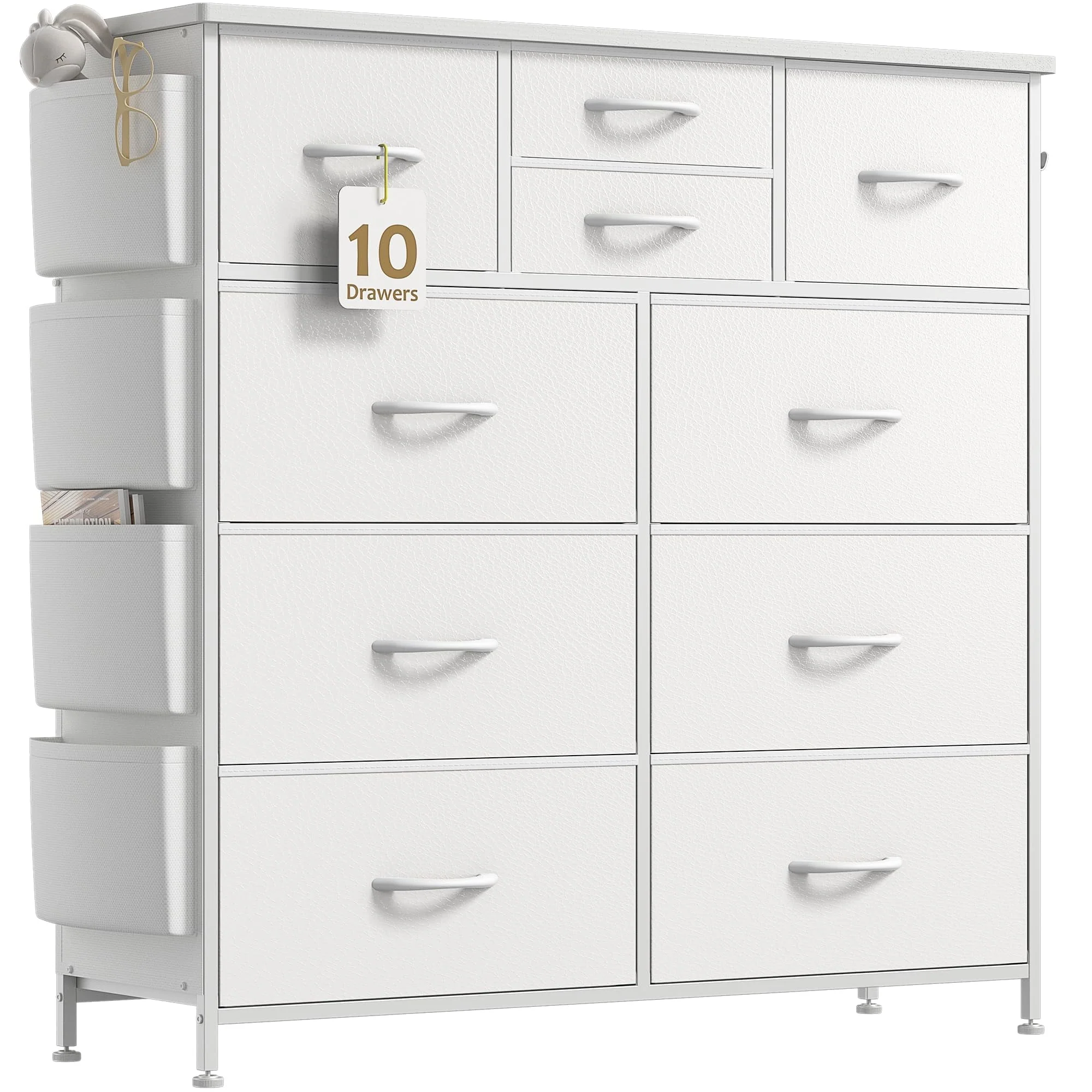 GIKPAL 10 Drawer Dresser, White Dresser Chest of Drawers Dressers for Bedroom Modern PU&Fabric Dresser Tall Dresser with Side Pockets and Hooks, White