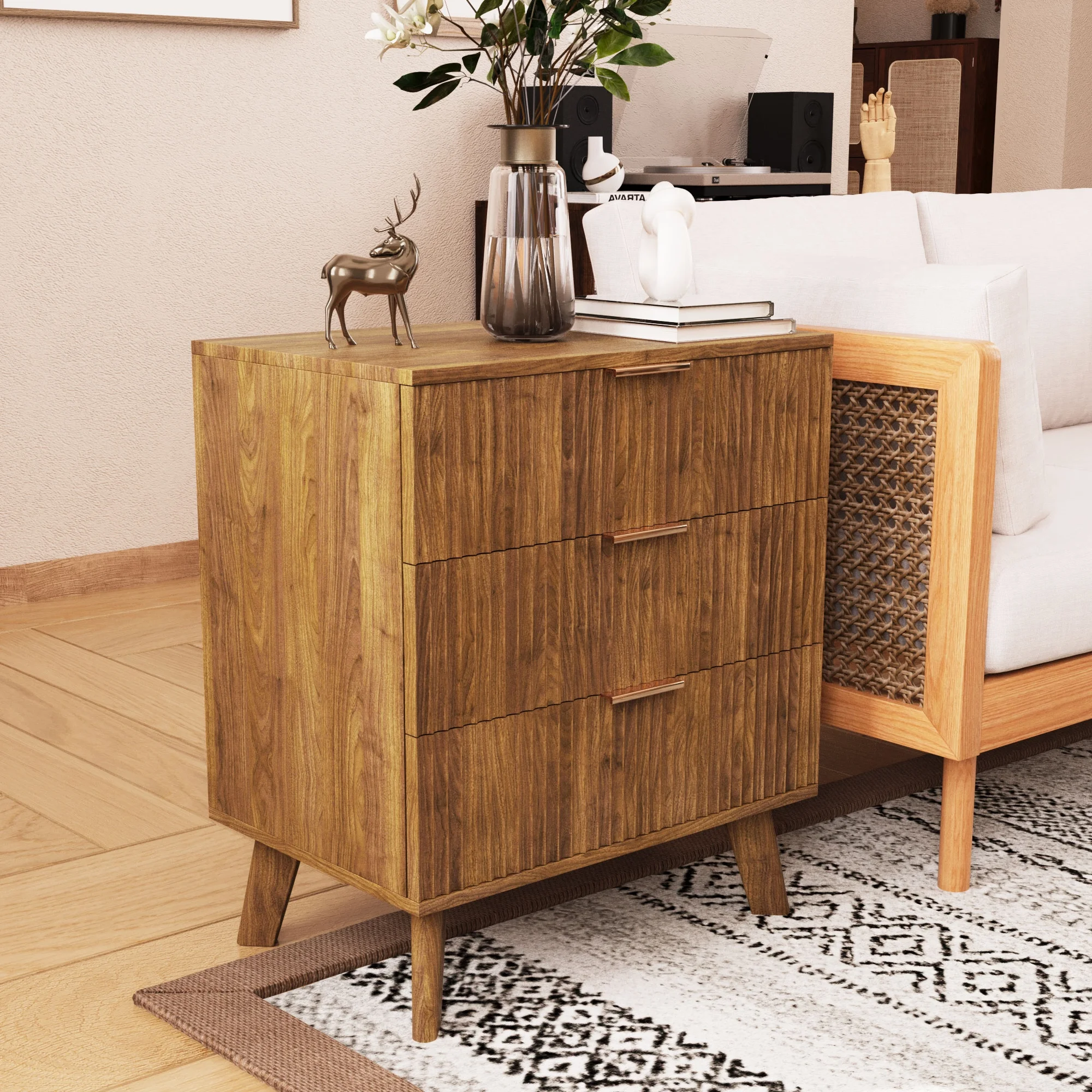 YOCWO Fluted Nightstand for Bedroom Set of 2 , Wood Bedside Table Set of 2 with Drawers, Black