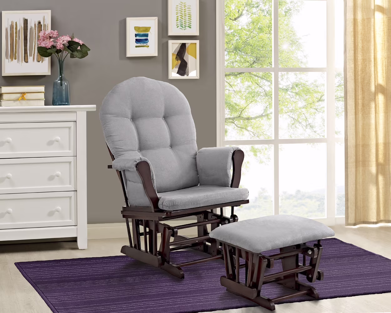 Angel Line Windsor Glider and Ottoman, Natural Finish with Gray Cushions