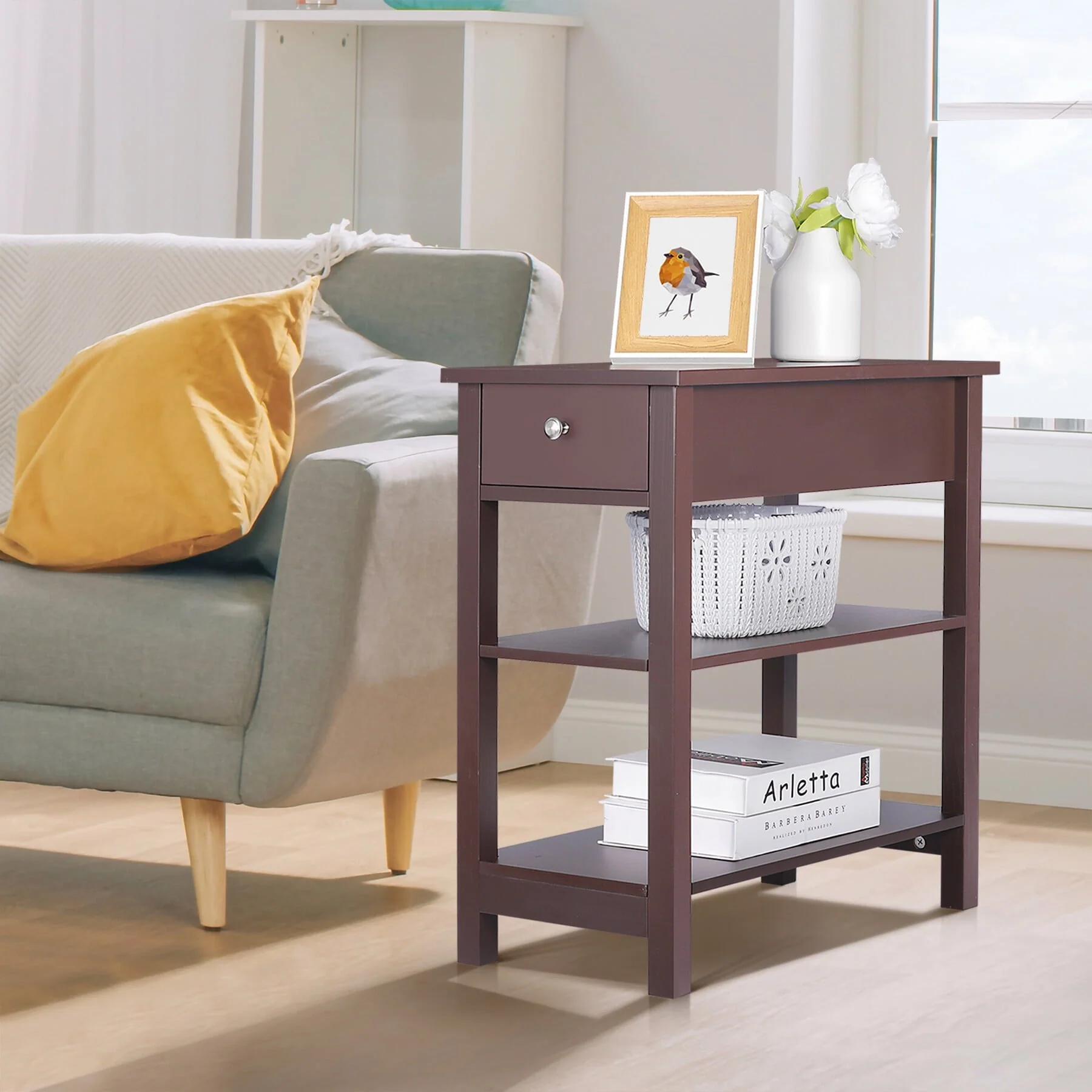HomGarden 3 Tier Small End Table Modern Narrow Rectangle Sofa Side Table W/Drawer, Espresso