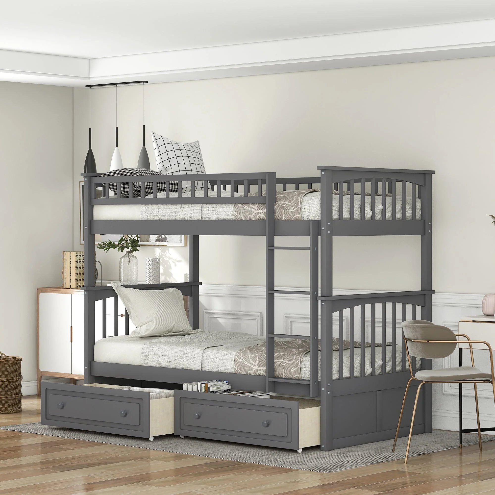 Euroco Pine Wood Bunk Bed with Storage 2 Drawers, Twin-over-Twin Bunk Bed with Safety Rail and Ladder for Kids, Conveted into 2 Single Beds, Sapce-Saving Design, Gray